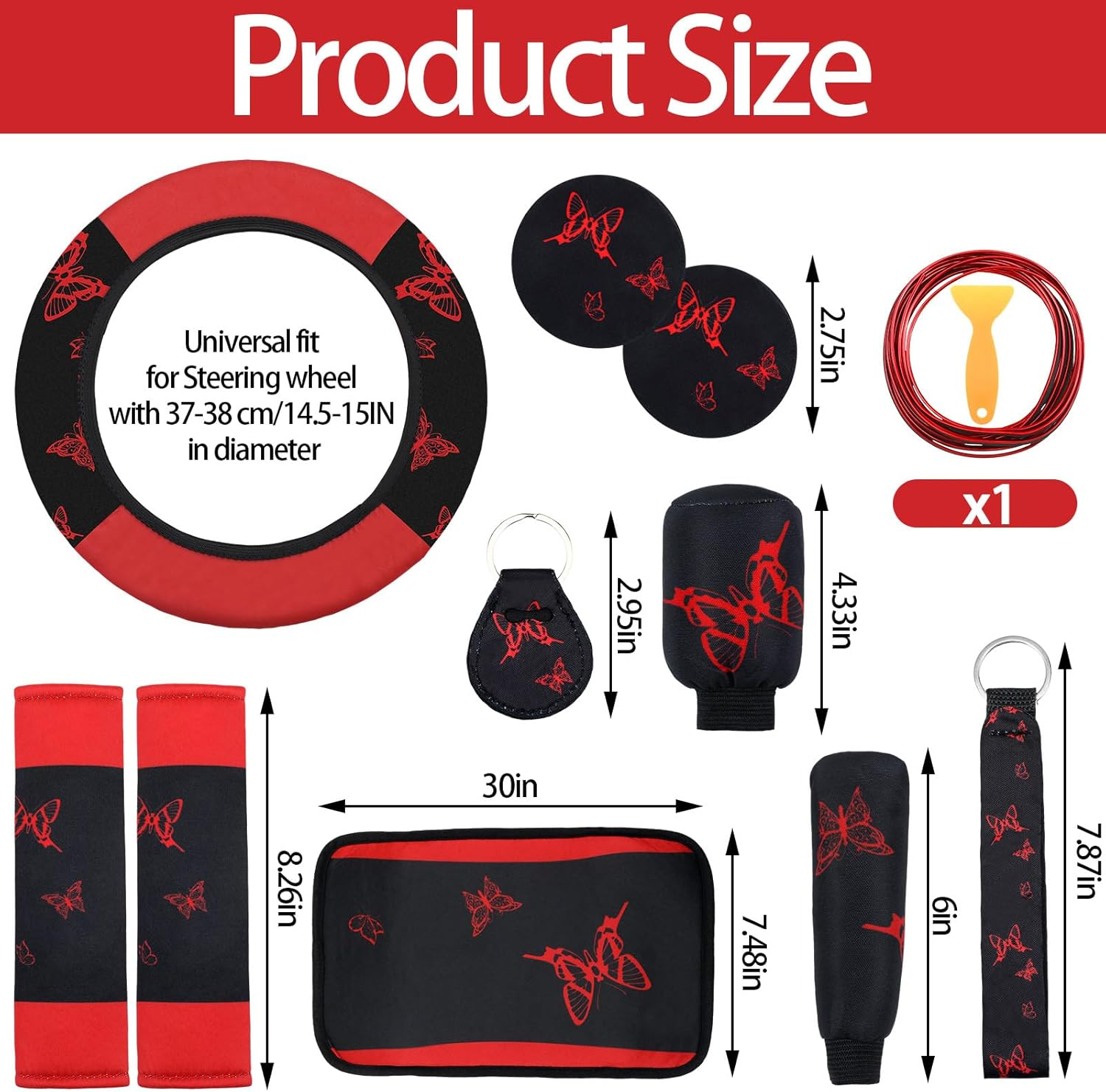 BBTO 43 Pcs Butterfly Car Seat Full Set Butterfly Car Accessories for Women 5 Front Rear Seat Covers Wrist Strap 2 Pieces Cup Mat Armrest Pad 2 Seat Belt Cover Accessories for SUV Car (Red, Black) - As Pictures Shown image number 2