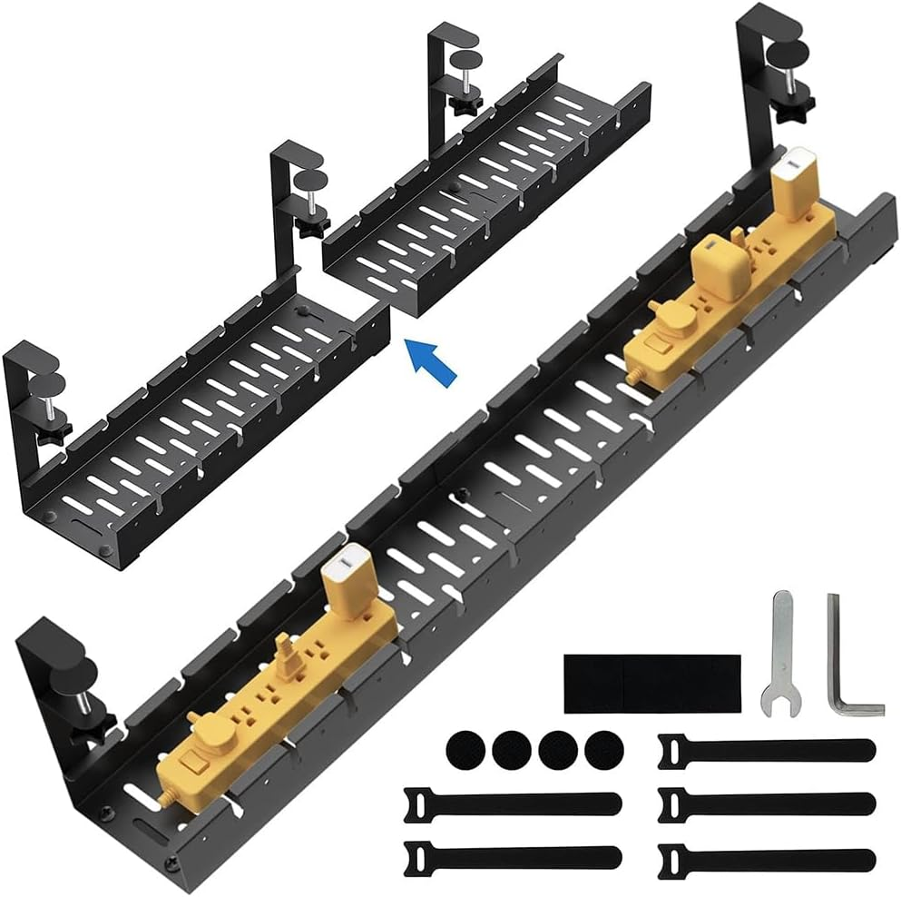 MTSDM Extendable under Desk Cable Management Tray with No Drill Clamp, 12-21.6 Inch Metal Cable Management Tray, Power Strip Cord Holder for Home Office Vertical Desk Wire Management image number 2