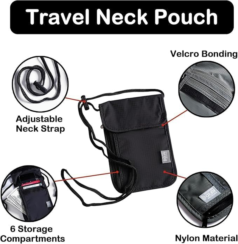 Neck Wallet Travel Neck Pouch, Passport Holder Travel Wallet RFID Blocking Passport Bag Men Women Children, Waterproof Travel Document Wallet Organiser, Adjustable Phone Bag for Card Key-Black image number 2