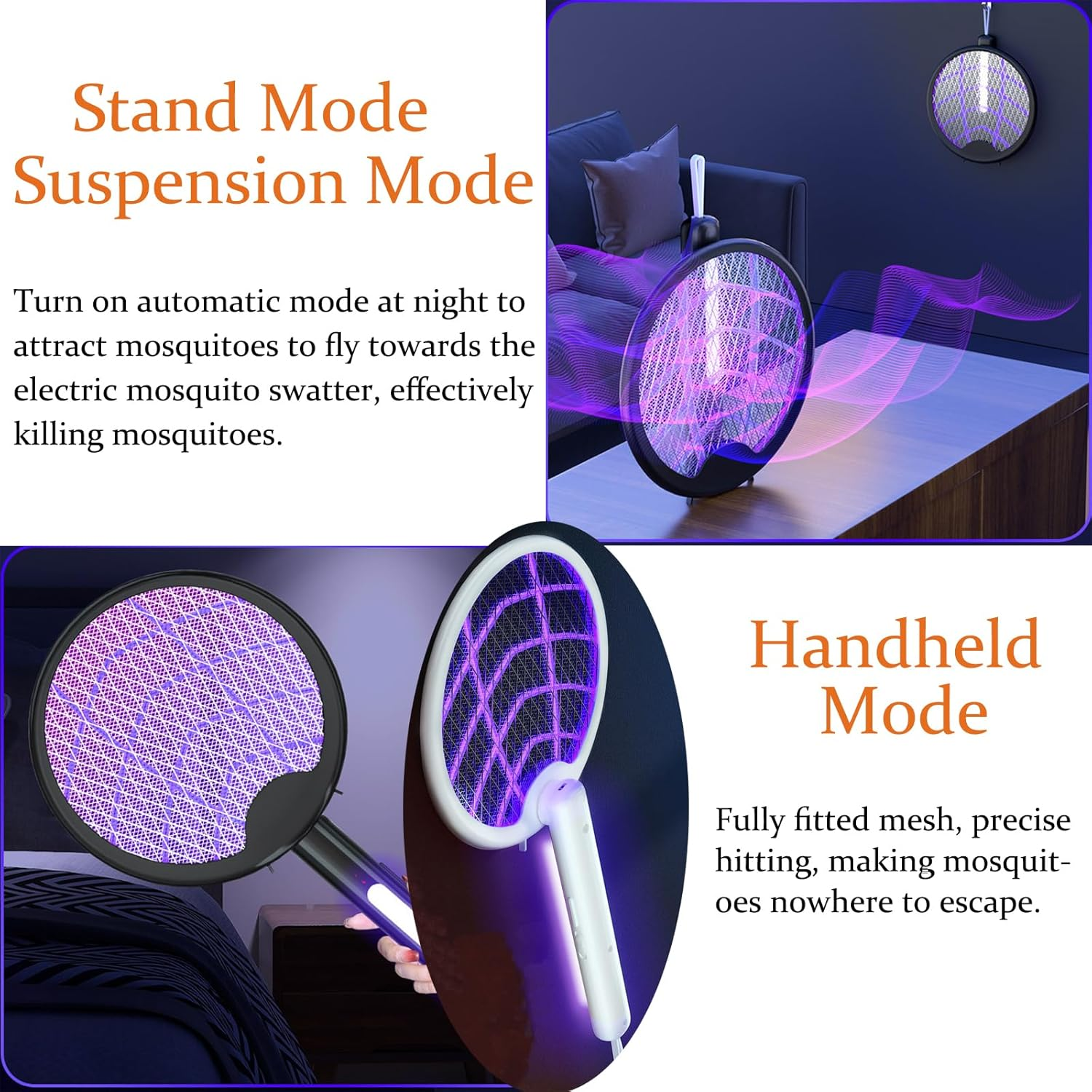 Electric Fly Swatter Racket Type-C Rechargeable Bug Zapper Racket 3 in 1 Foldable Mosquito Zapper with Mosquito Lure Lamp Beads 1200Mah Battery and Brush for Indoor Outdoor SH0062 (Black) image number 2