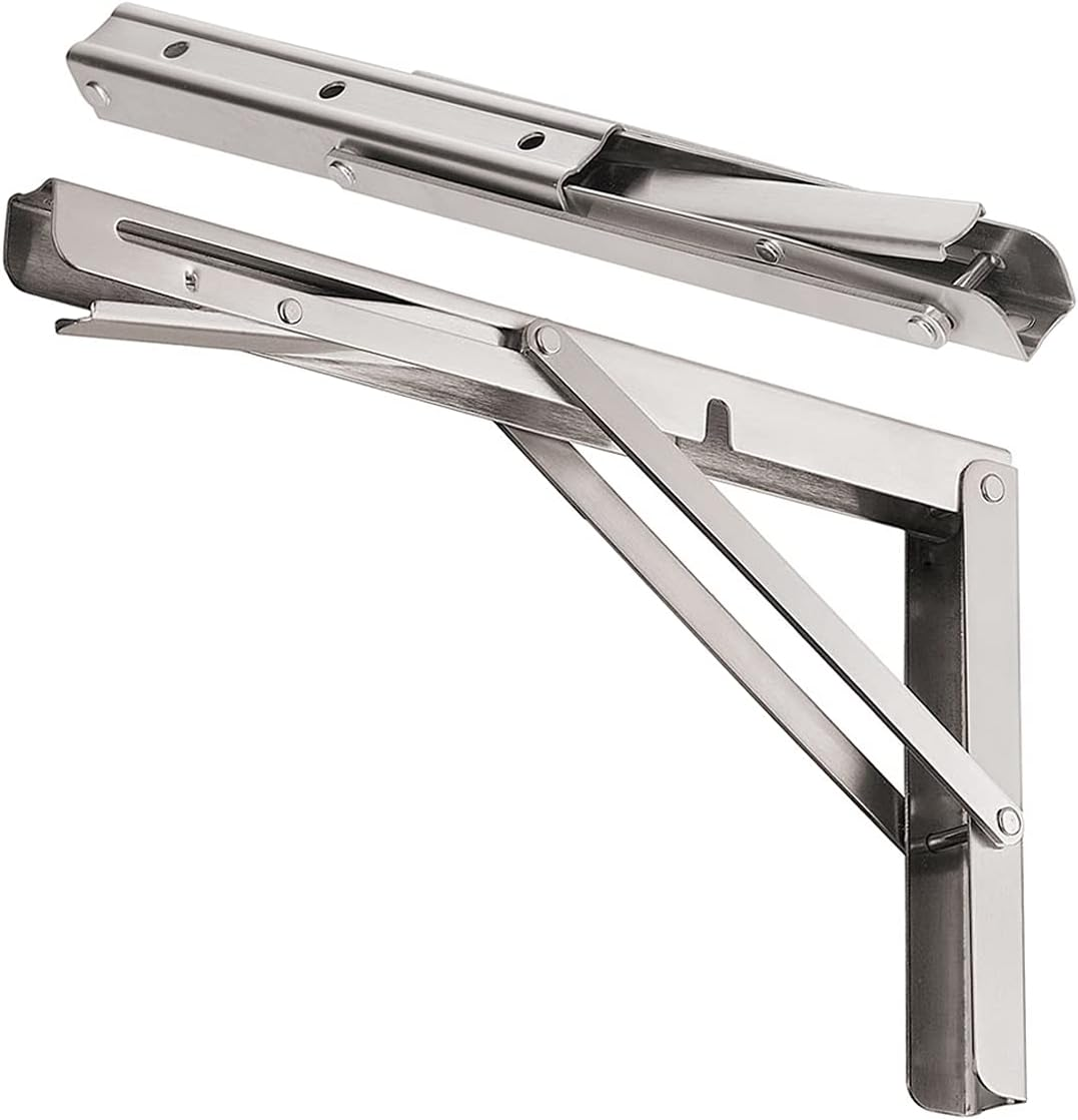 Folding Shelf Brackets Heavy Duty Stainless Steel DIY Wall Mounted Shelf Bracket Space Saving for Table Work Bench, Pack of 2 (Black, 16")