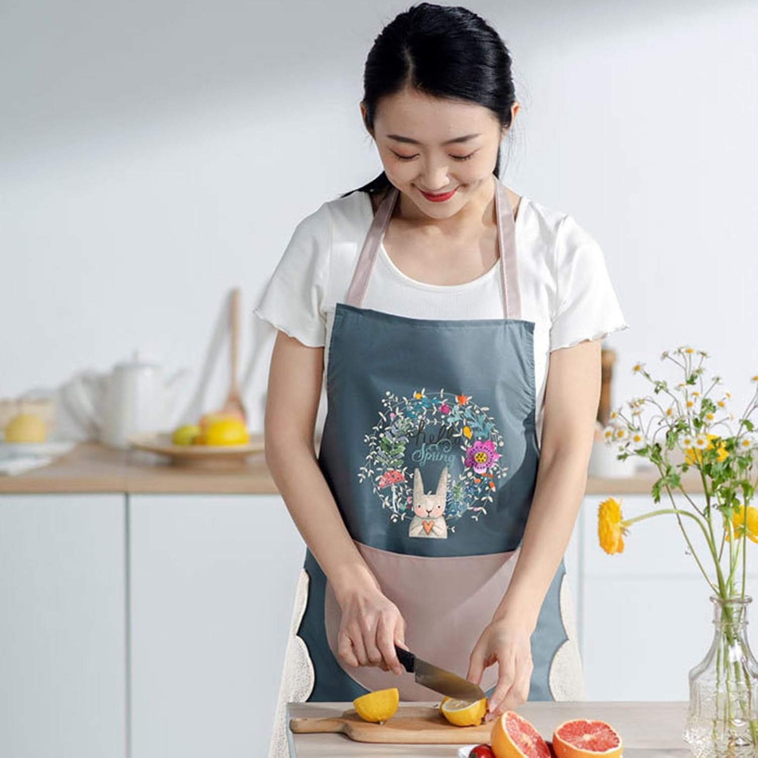 2Pcs Waterproof and Oil-Proof Aprons for Kitchen, Cooking Aprons with Pockets, Adjustable Kitchen Bib Aprons for Women Men Chef, Can Wipe Hands, Blue/Pink. image number 6