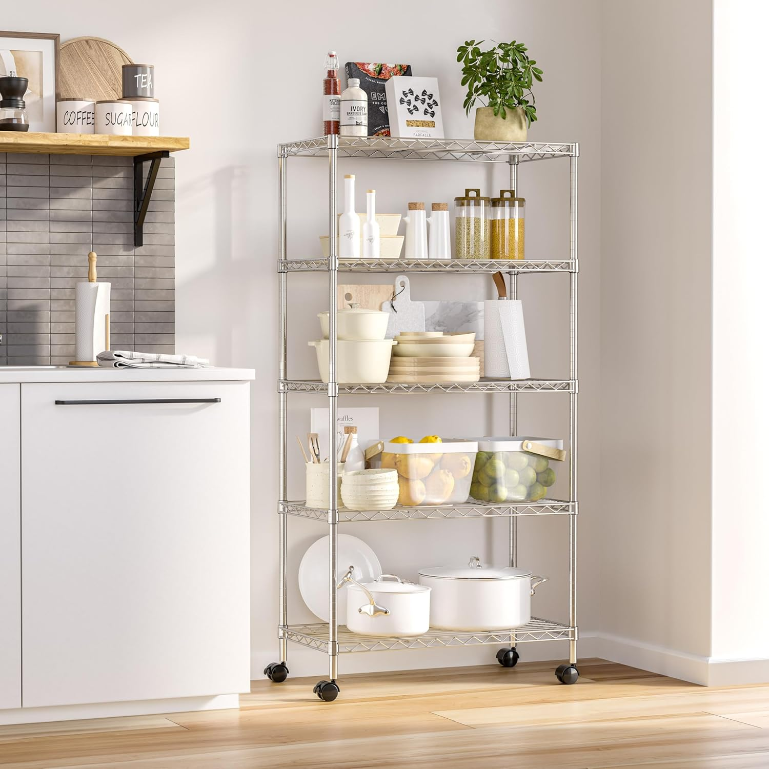 Seville Classics 5-Tier Wire Shelving with Wheels, 5-Tier, 30"" W X 14"" D (New Model), Chrome Plating, Plated Steel image number 5