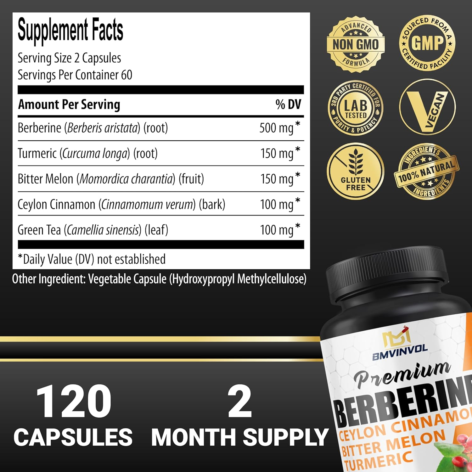 Berberine Supplement with Ceylon Cinnamon Bitter Melon Turmeric Green Tea Supports Immune System - 120 Vegan Capsules - 4 Month Supply image number 2
