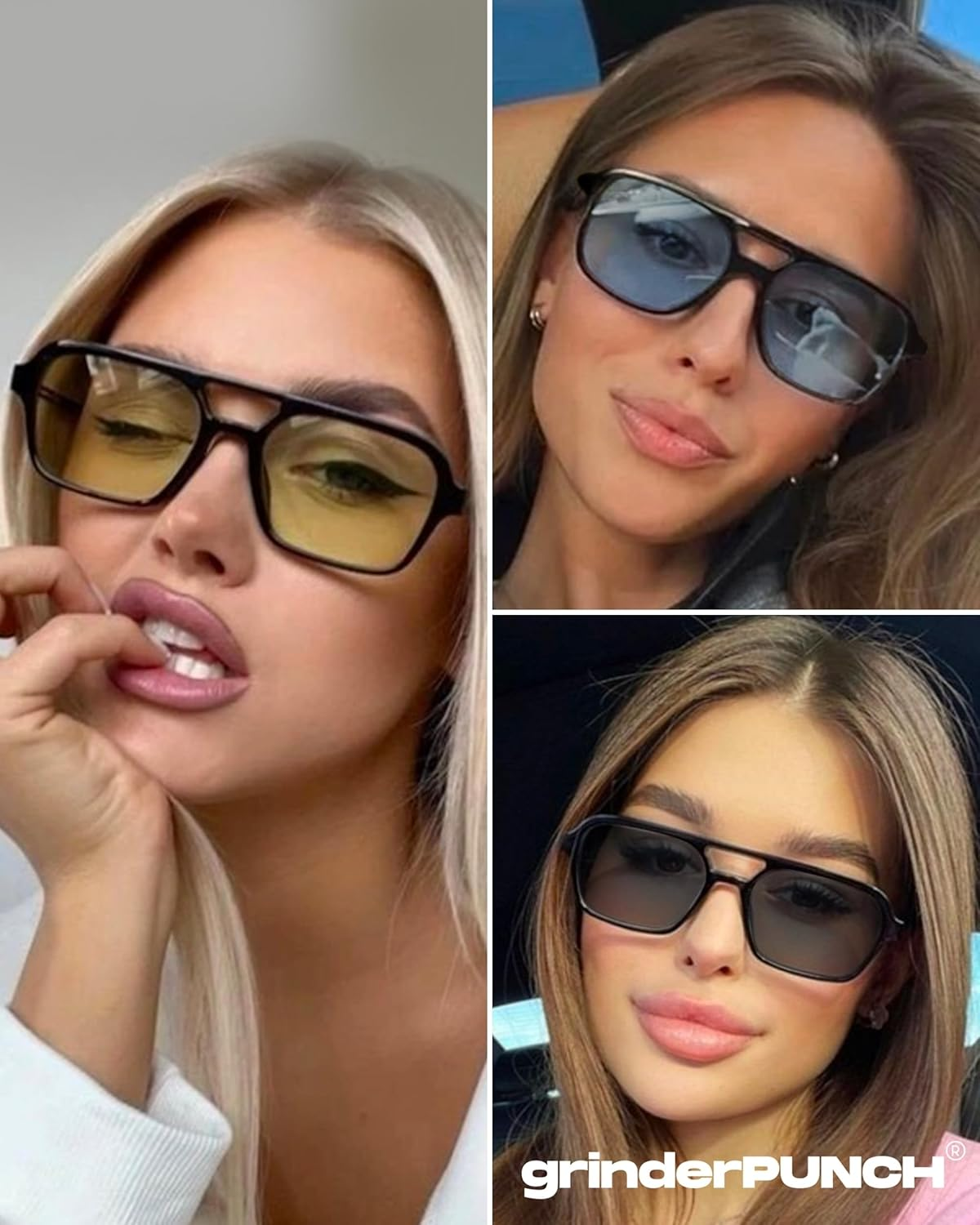 Grinderpunch Retro Flat Square Trendy Sunglasses for Womens Mens Vintage 70S Style Double Bridge Sunglasses - Black Metal Frame/Yellow Lens image number 3