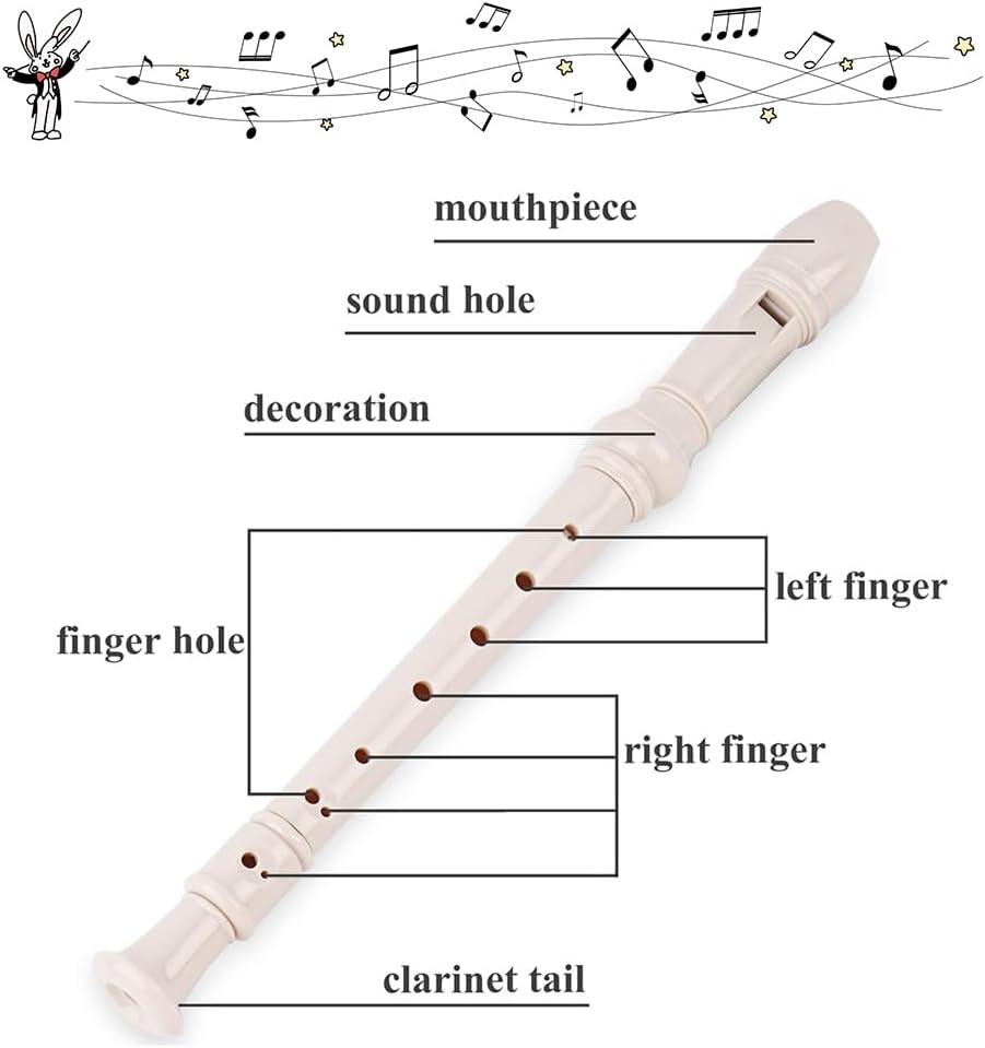 8Hole Descant Soprano Recorder, German Style Treble Flute, Plastic Clarinet with Fingering Chart, Instructions, Cleaning Rod and Bag - Pink - Black image number 5