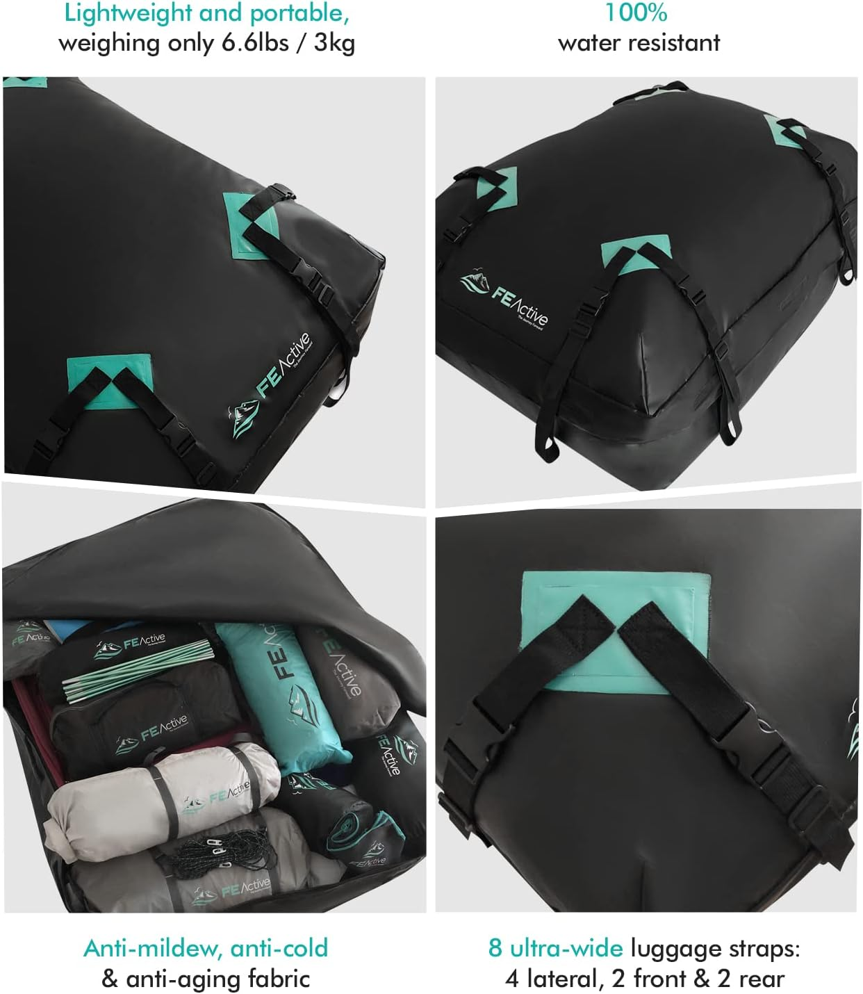 FE Active Cargo Rooftop Carrier - 100% Waterproof 15 Cubic Ft. Roof Dry Bag Heavy Duty Car & SUV Roof Top Luggage Storage Cargo Carrier W Straps, Road Trips, Camping, Travel | Designed in California