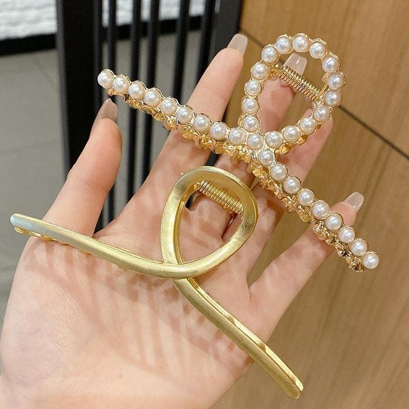 2 Pcs Matte Gold Pearl Gold Large Metal Hair Claw for Women with Pearls Non-Slip Hair Clips Thick Hair Threaded Gold Claw Clips Shining Strong Crab Claws Cross Hair Barrettes Hair Clips image number 4