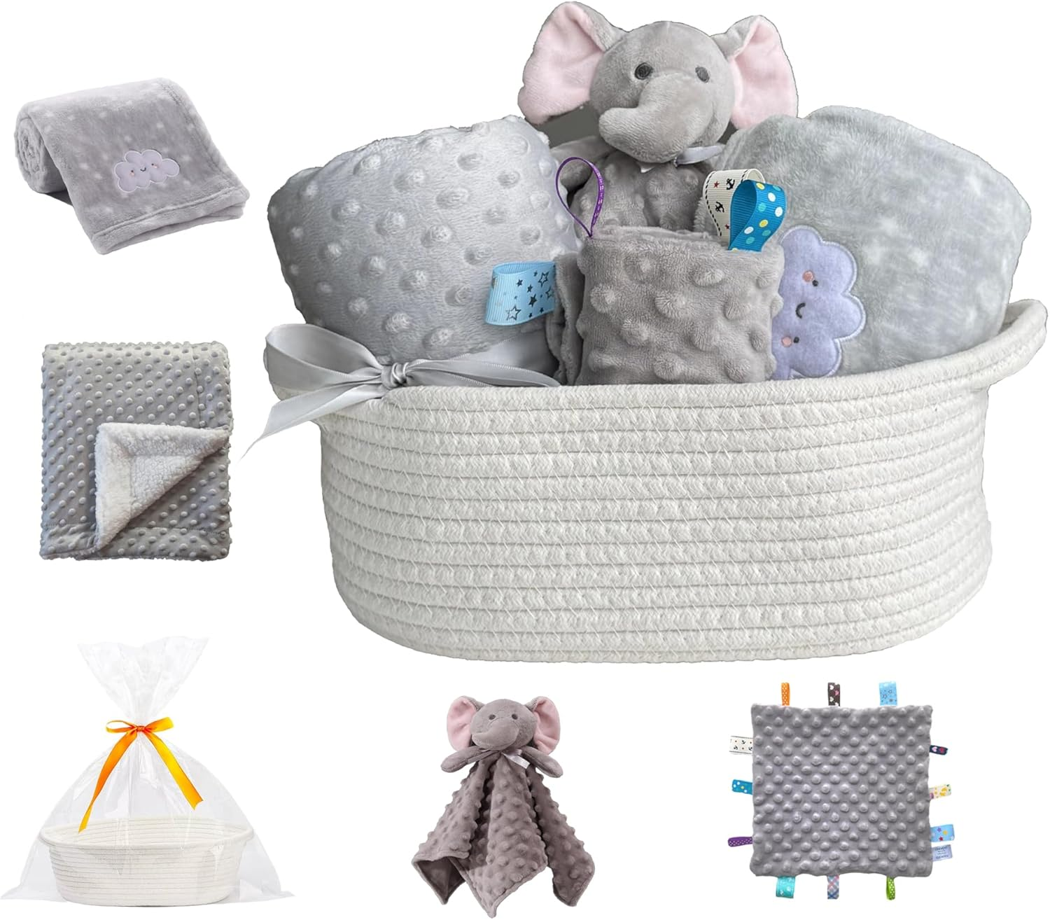 CREVENT Baby Welcome Set Storage Basket with Two Blankets+ a Security Blanket + a Taggie + a Bag with Ribbon (Grey) image number 5