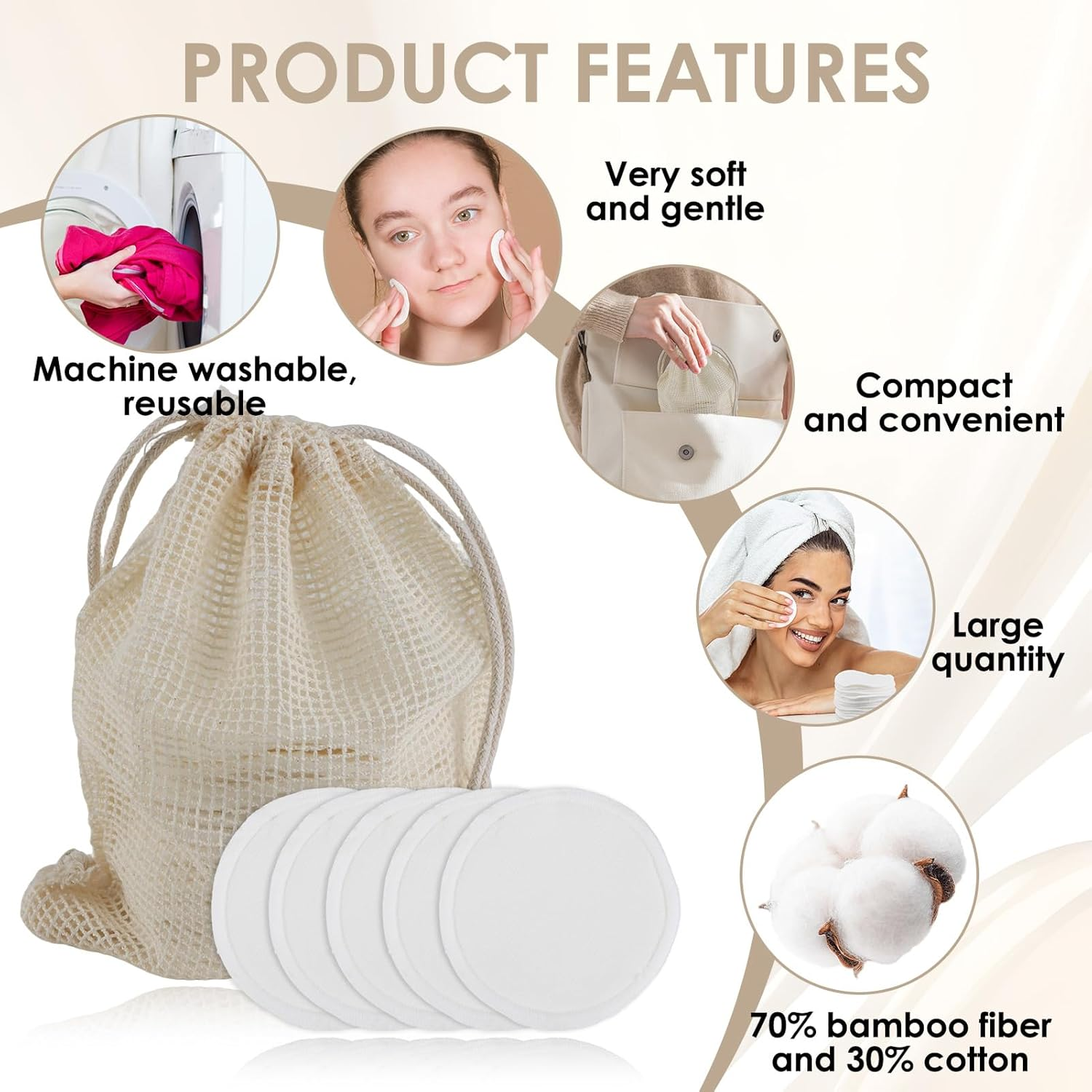 20 Pack Reusable Makeup Remover Pads, Bamboo Facial Rounds Ultra-Soft for All Skin Types, Gentle Exfoliating & Cleansing Bamboo Cotton Rounds with 2 Mesh Wash Bags, Eco-Friendly image number 4