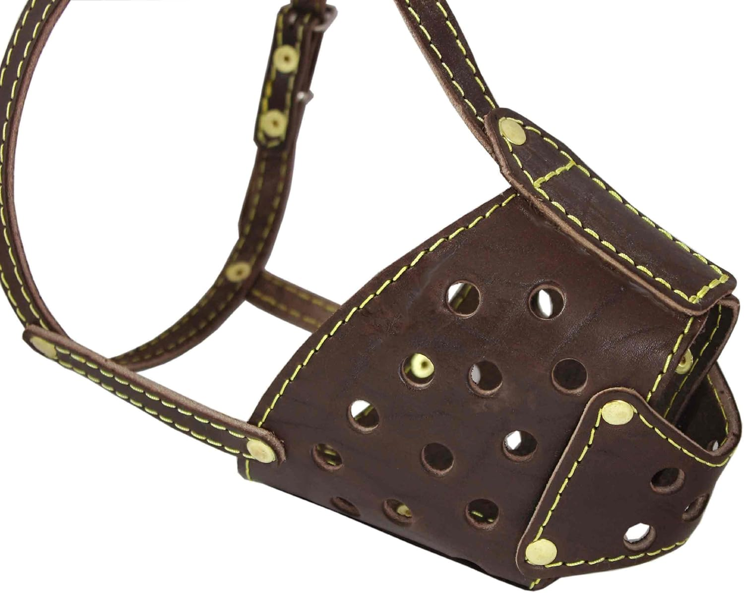 Real Leather Cage Basket Secure Dog Muzzle Brown - Pit Bull, (Circumference 13", Snout Length 3.5") image number 2