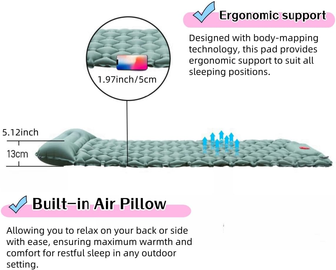 Wigmoa Li-L Ultralight Inflatable Camping Sleeping Pad with Built-In Foot Pump and Pillow - Compact Air Mattress for Backpacking, Hiking, and Traveling - Lightweight Camping Mat (Spring Green) image number 2