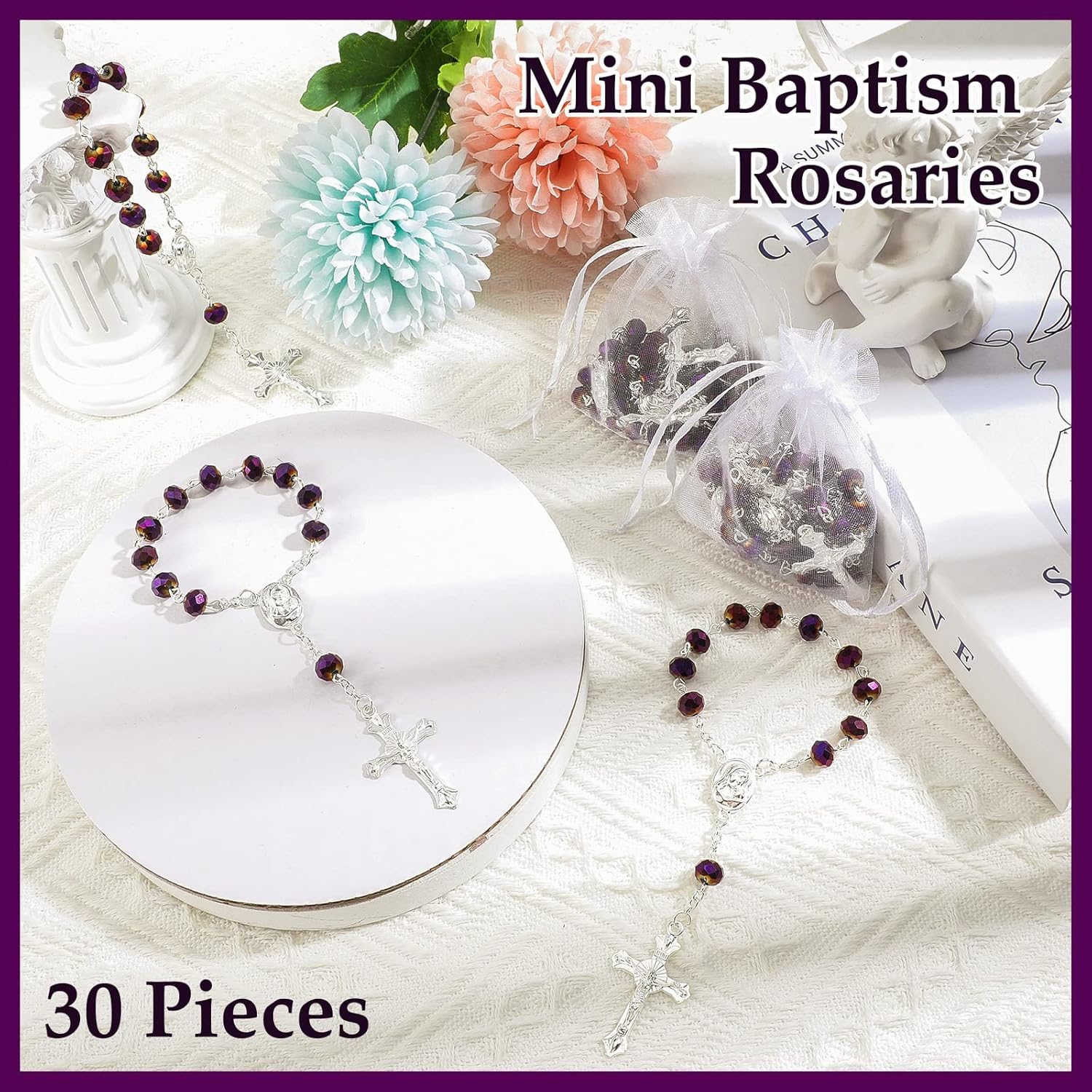 Yinkin 30 Pieces Baptism Rosary Catholic Mini Rosaries Baptism Favors for Guests Party Favors Rosary Beads 30 Pcs Organza Bags for Christening Weddings First Communion Gift, 4.5 Inches, 2.8 X 3.5