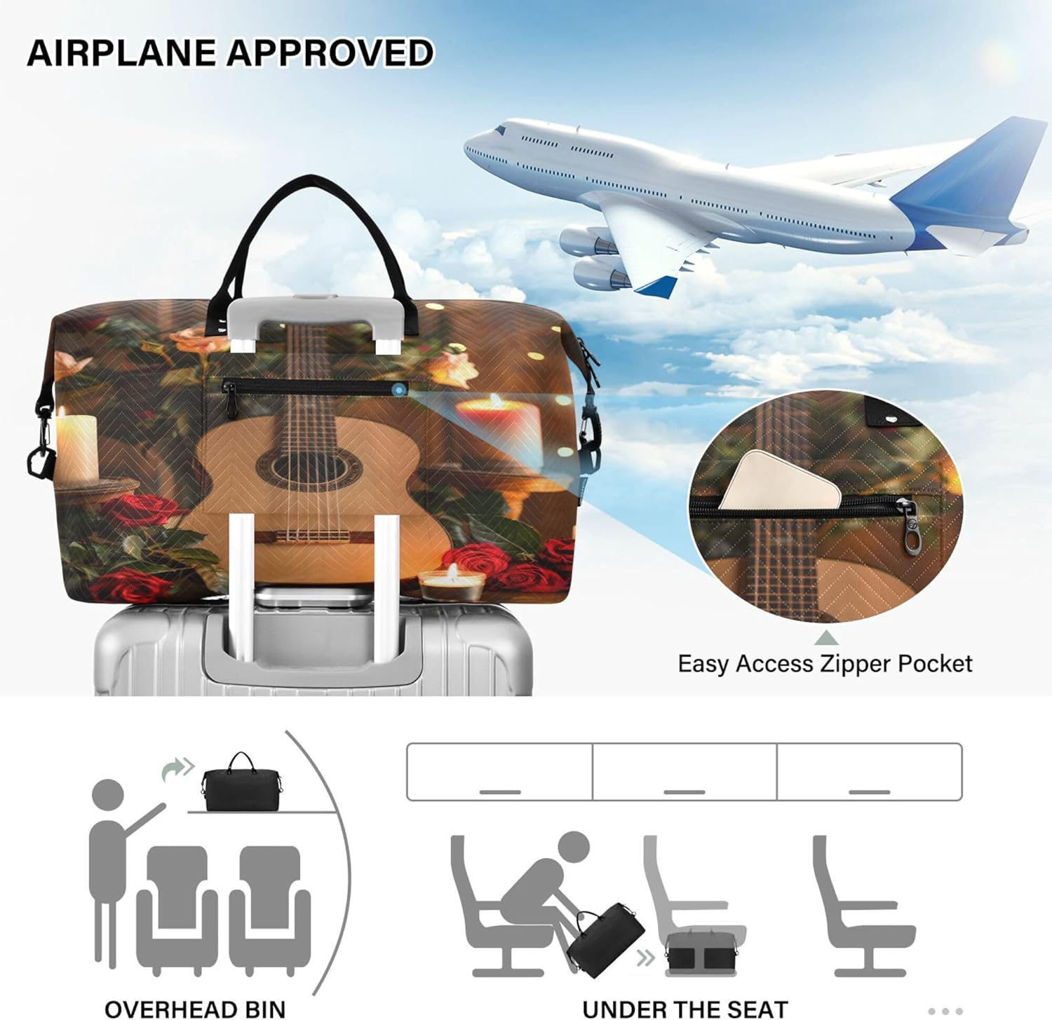 Large Travel Duffel Luggage Gym Tote Bag Carry on Weekend Bag with Adjustable Strap for Workout Multifunctional Vintage Style Guitar Roses Candles, Multi, One Size, Modern/Fitted, Multi, One Size, image number 2