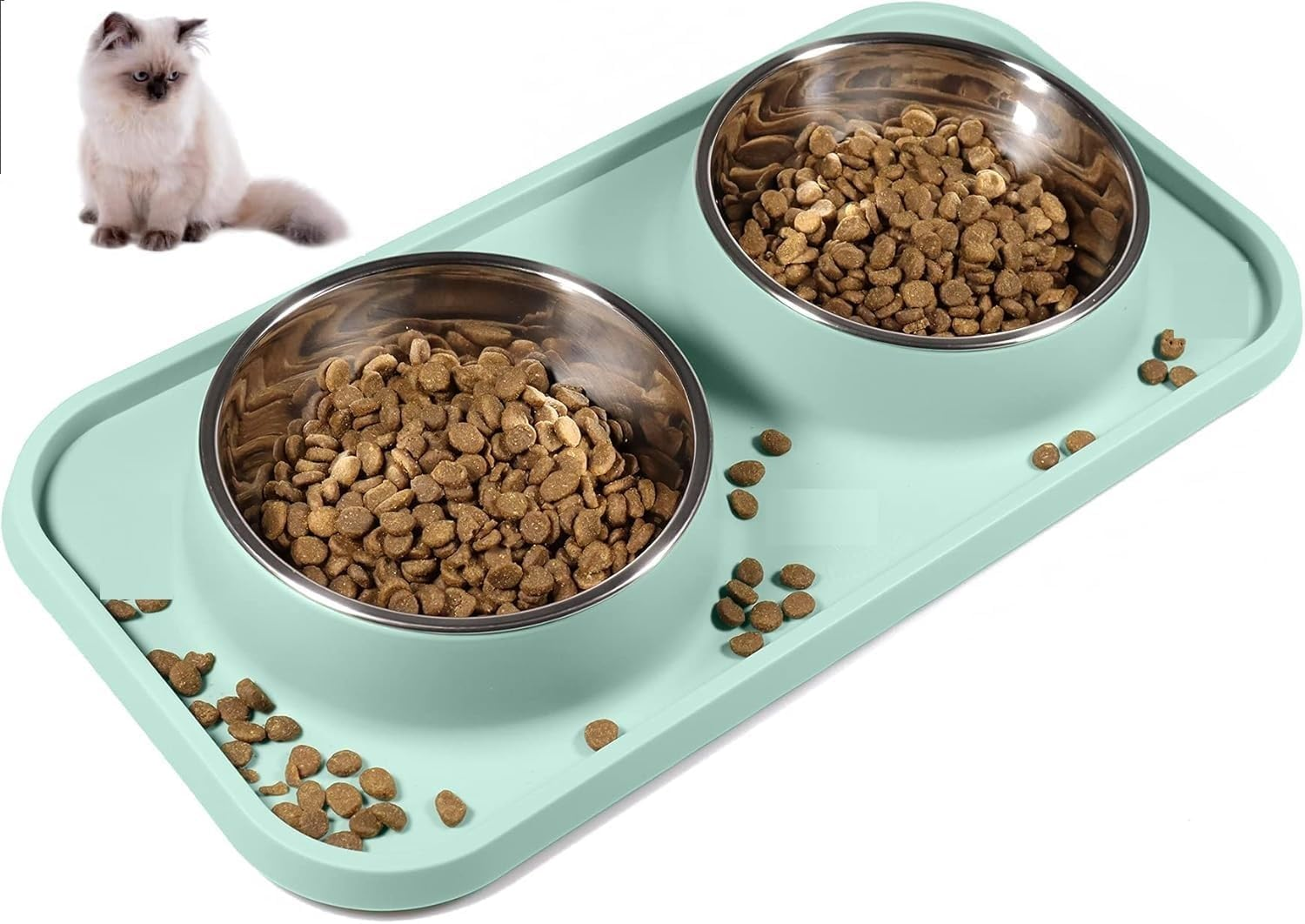 Cat Food and Water Bowls, Bowls Non-Skid and Non-Spill Silicone Mats with Stand, Removable Stainless Steel Water Dishes for Cats, Small Size Dogs image number 4