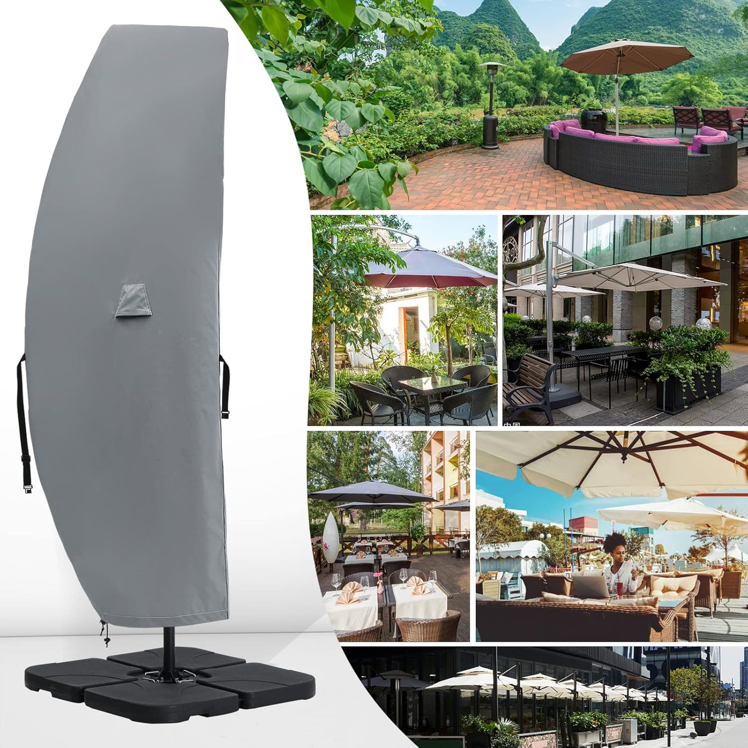 COOSHADE 600D Patio Umbrella Parasol Cover Waterproof Outdoor Anti-Uv Protective Cover with Zipper Fits Cantilever Offset Umbrella 7.5-15 Feet, Grey, (XJSSZUS-1) image number 1