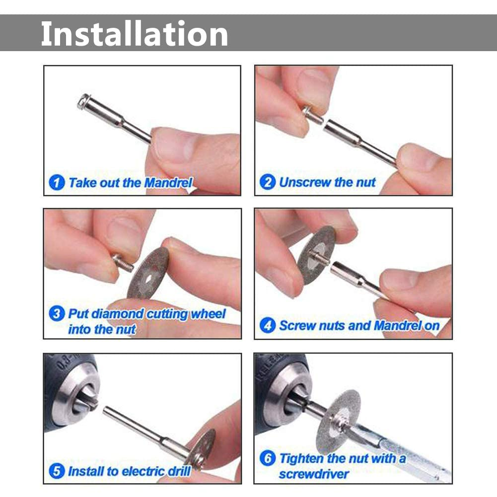 Yakamoz 10Pcs Assorted Small Diamond Cutting Wheel with Mandrel Cutoff Disc Blades Rotary Cutter Tool Kit for Metal Stone Tile, 16Mm - 60Mm Cutting Dia. image number 5