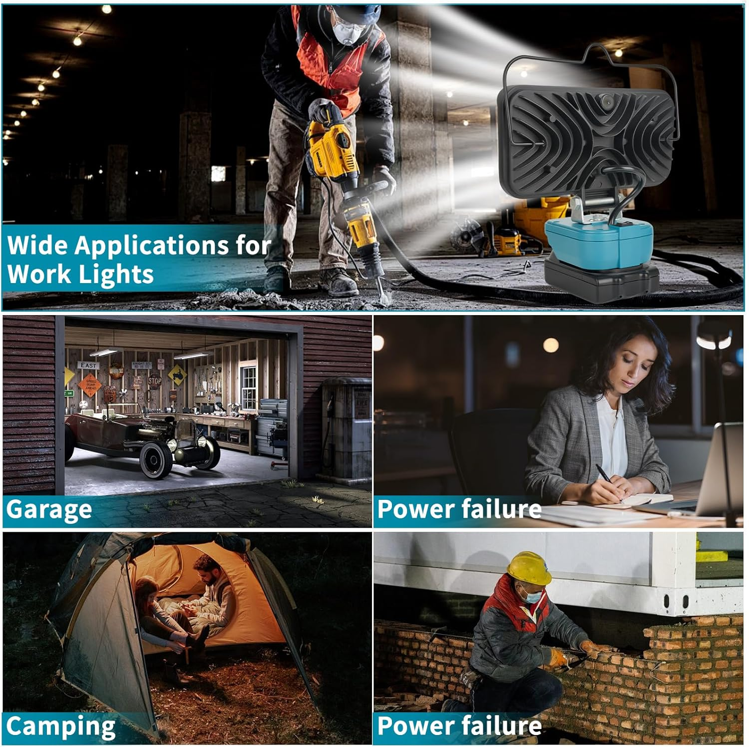 Cordless LED Work Light for Makita 18V Battery, Portable Flood Lights 174W Spotlight Compact Lighting 10800LM with Type C & USB Fast Charging for Camping, Hiking, Fishing,Power Failure,Workshop image number 5