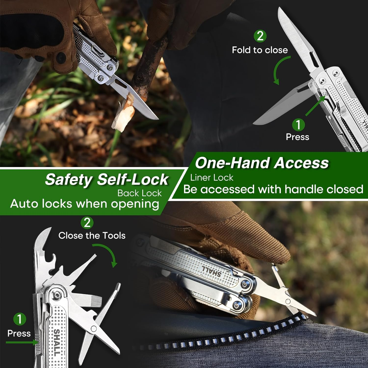 SHALL Multi Tool, 18-In-1 Multitool Pliers, Stainless Steel Multi-Tool Pocket Knife W/Screwdriver Bit, Self-Locking Multipurpose Tool W/Sheath for Camping Fishing Survival Hunting image number 4
