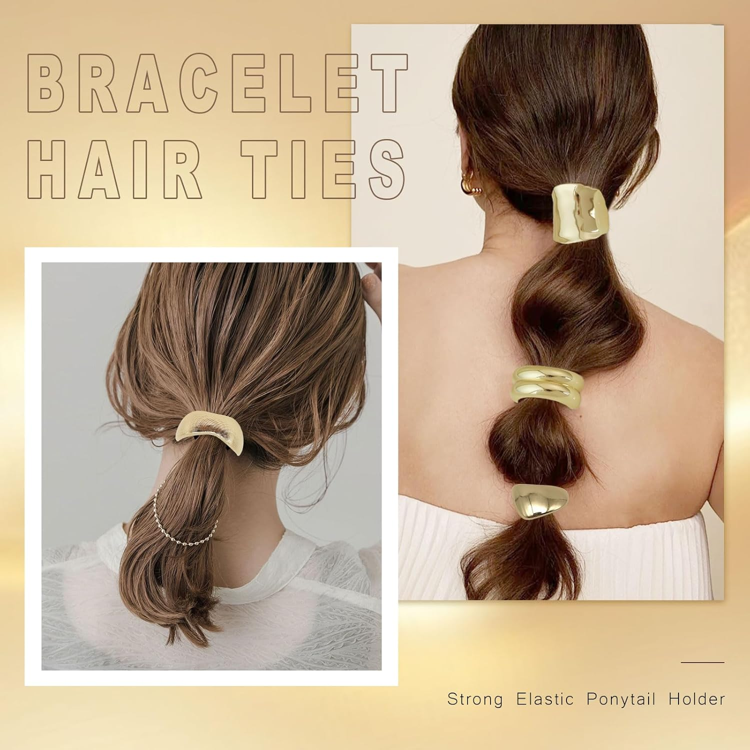 SAIIURV Pack of 6 Gold Hair Scrunchies Metal Ponytail Holders for Women and Girls, Geometric Style Hair Accessories, Elastic Hair Ties, Straight and Curly Hair Accessory for Daily Party, Festival image number 6