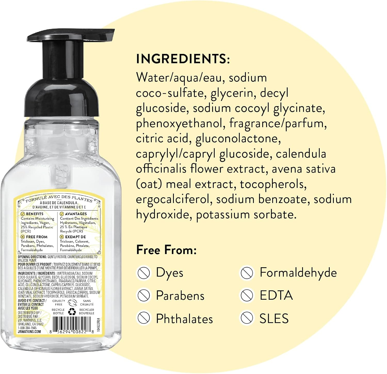 J.R. Watkins Foaming Hand Soap with Pump Dispenser, Moisturizing Foam Hand Wash, All Natural, Alcohol-Free, Cruelty-Free, USA Made, Lemon, 9 Fl Oz, 3 Pack