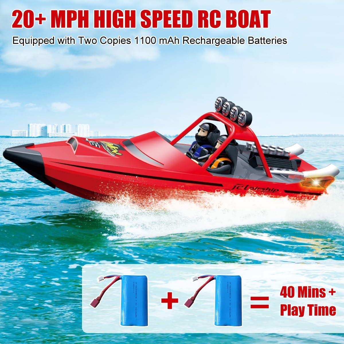 Hitish RC Boat for Kids Adults 2.4Ghz Remote Control Boats with LED Light for Pool Lakes Water, 20MPH Fast Speed Racing Jet Boat, Boat Toy for Boys Girls, 2 Rechargeable Batteries 40+ Mins, Red