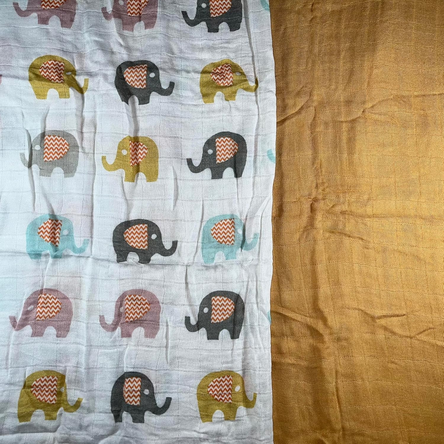Muslin Swaddle Blanket Baby,100% Premium Qualitycotton Receiving Blanket Soft Light Weight Swaddle Blanket for Unisex Newborn Wrap 110X120Cm 2Pack (Assorted) (Marigold and Elephant)