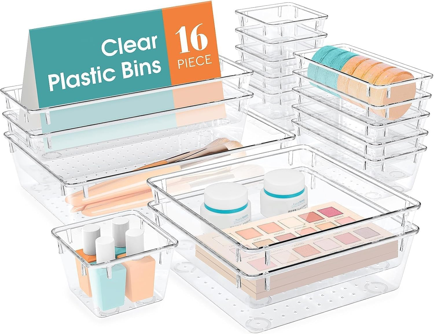 16Pcs Drawer Organisers Set, 5 Varied Size Bathroom and Kitchen Drawer Cabinet Organizer Trays, Clear Storage Bins for Makeup, Jewelry, Utensils and Gadgets image number 3