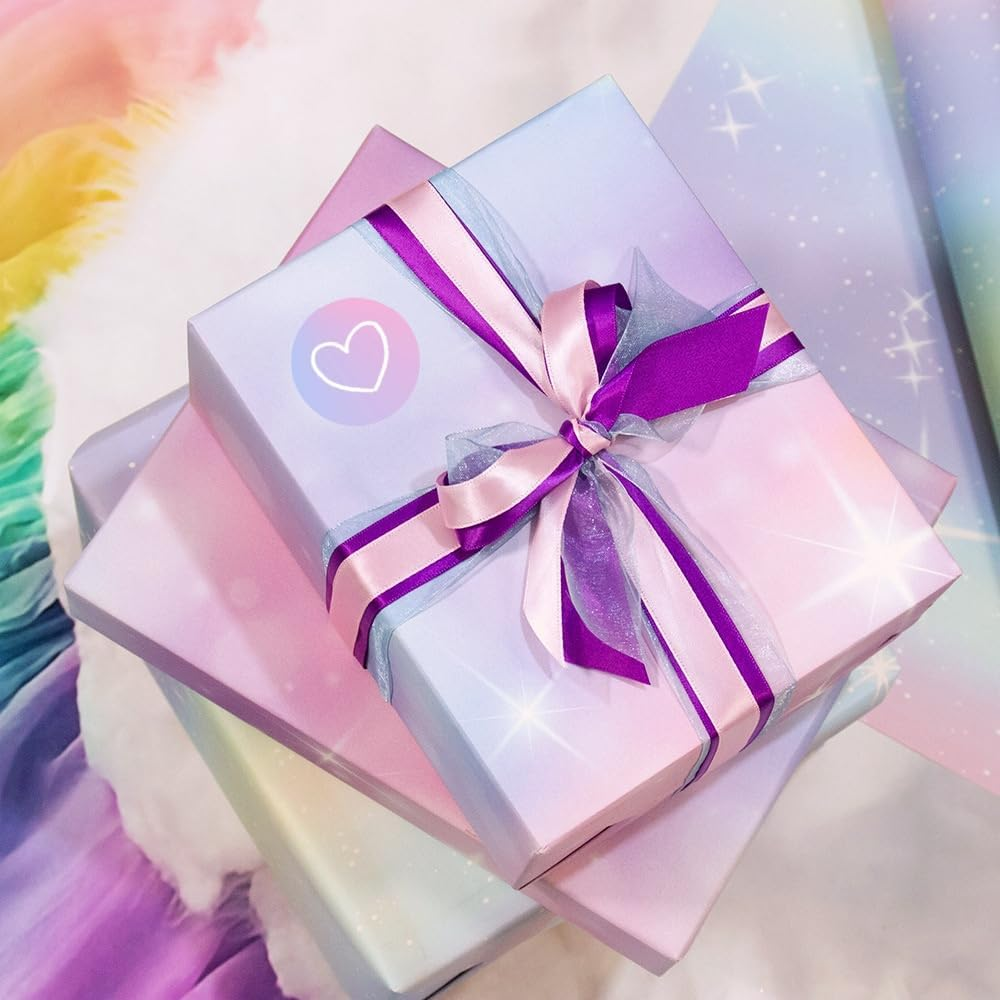 ZCOINS 6 Sheets Aurora Rainbow Gradient Wrapping Paper 70 X 50CM with Pink Ribbons ＆ Sticker, Pink Purple Dreamy Rainbow Starry Sky & Aurora Wrapping Paper Valentines Day Mothers Day Girls Women Gifts image number 5