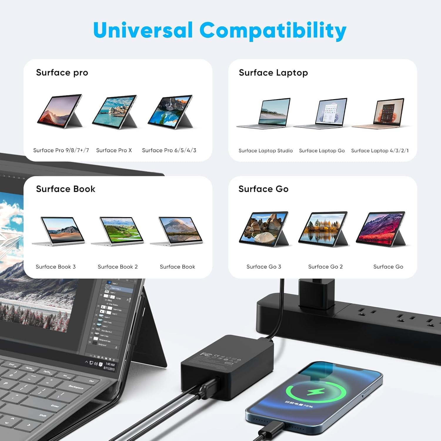 Laptop Charger 65W for Microsoft Surface Pro 3/4/5/6/7/7+/8/9/X Power Supply Adapter, for Windows Surface Laptop 6,5,4,3,2,1,Surface Go Tablet, Surface Book 3,2,1,Support 65W&44W&36W&24W(10 Ft Cord) image number 2