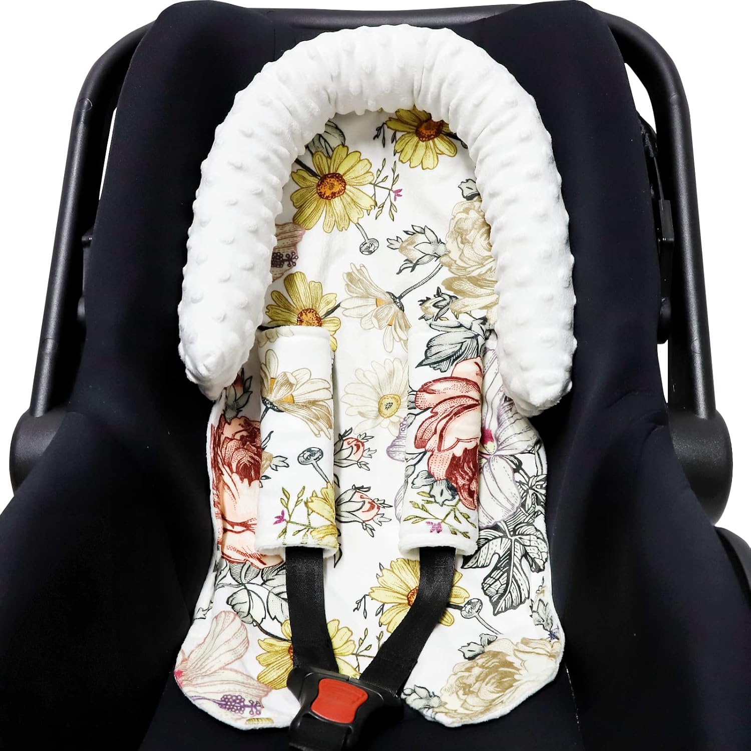 2-In-1 Baby Head Support and Strap Cover for Car Seat, Super Soft Minky Floral Carseat Insert Cushion Headrest for Bouncers, Strollers, Swing image number 1