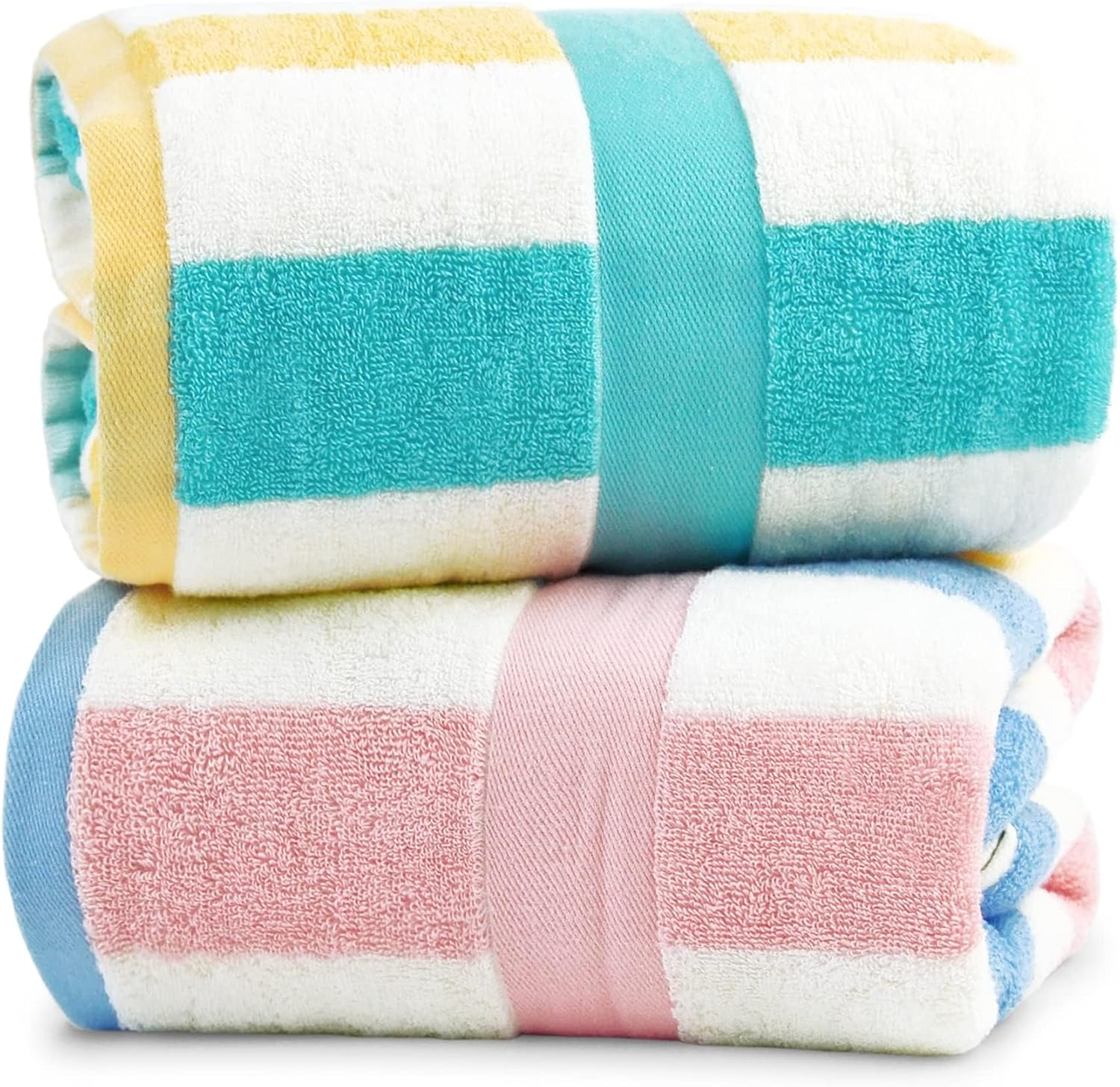 100% Cotton Bath Towels Set of 2, Highly Absorbent Towels for Bathroom, Hotel, Spa, Large Bathroom Towels Striped 55 X 27.5 Inches (Peach-Pink & Teal)