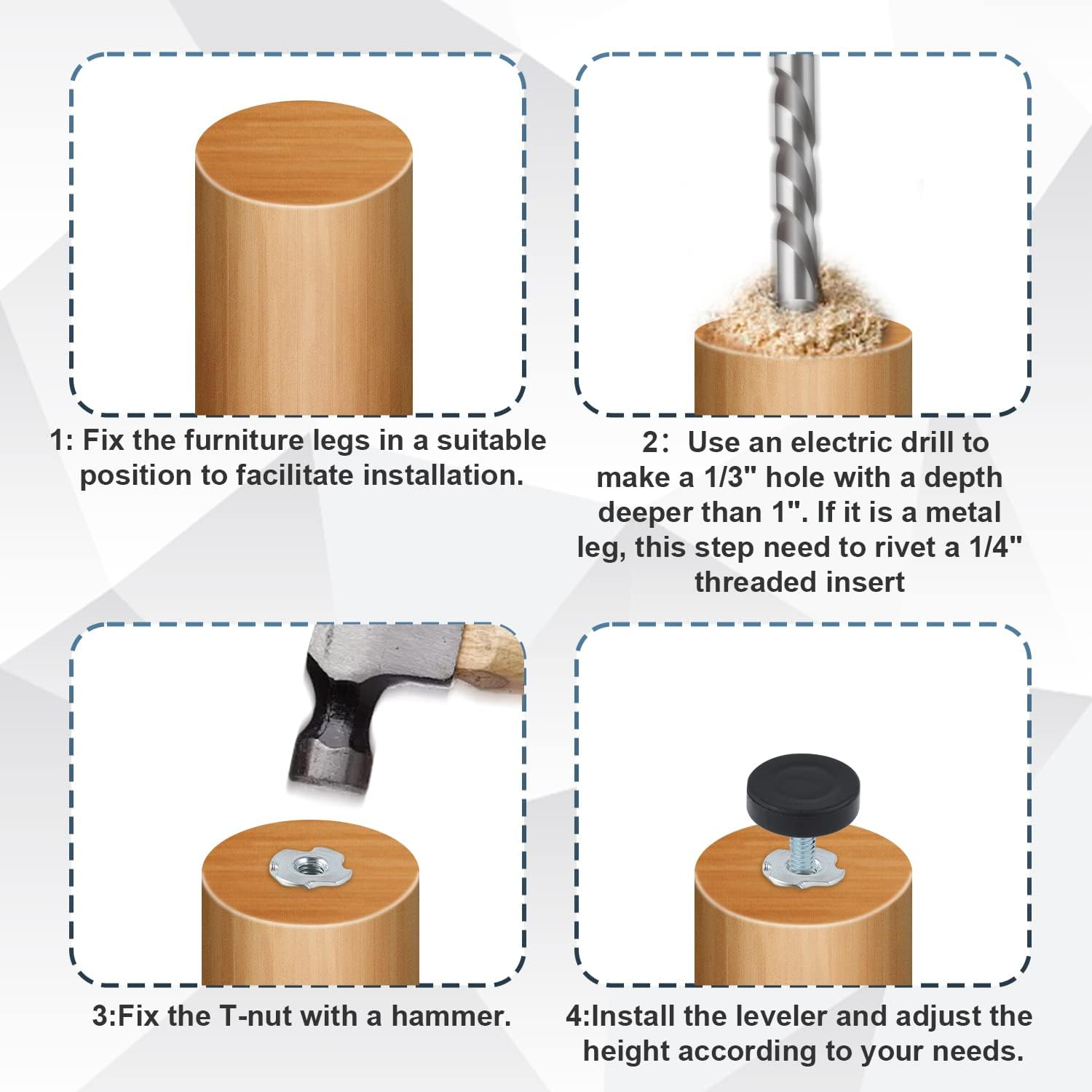 AIEX 1/4" Thread Outer Diameter Furniture Leveling Feet, Adjustable Furniture Levelers with T Nuts Screw in Feet for Furniture Cabinets Sofa Tables Chairs.（16Pcs） image number 2