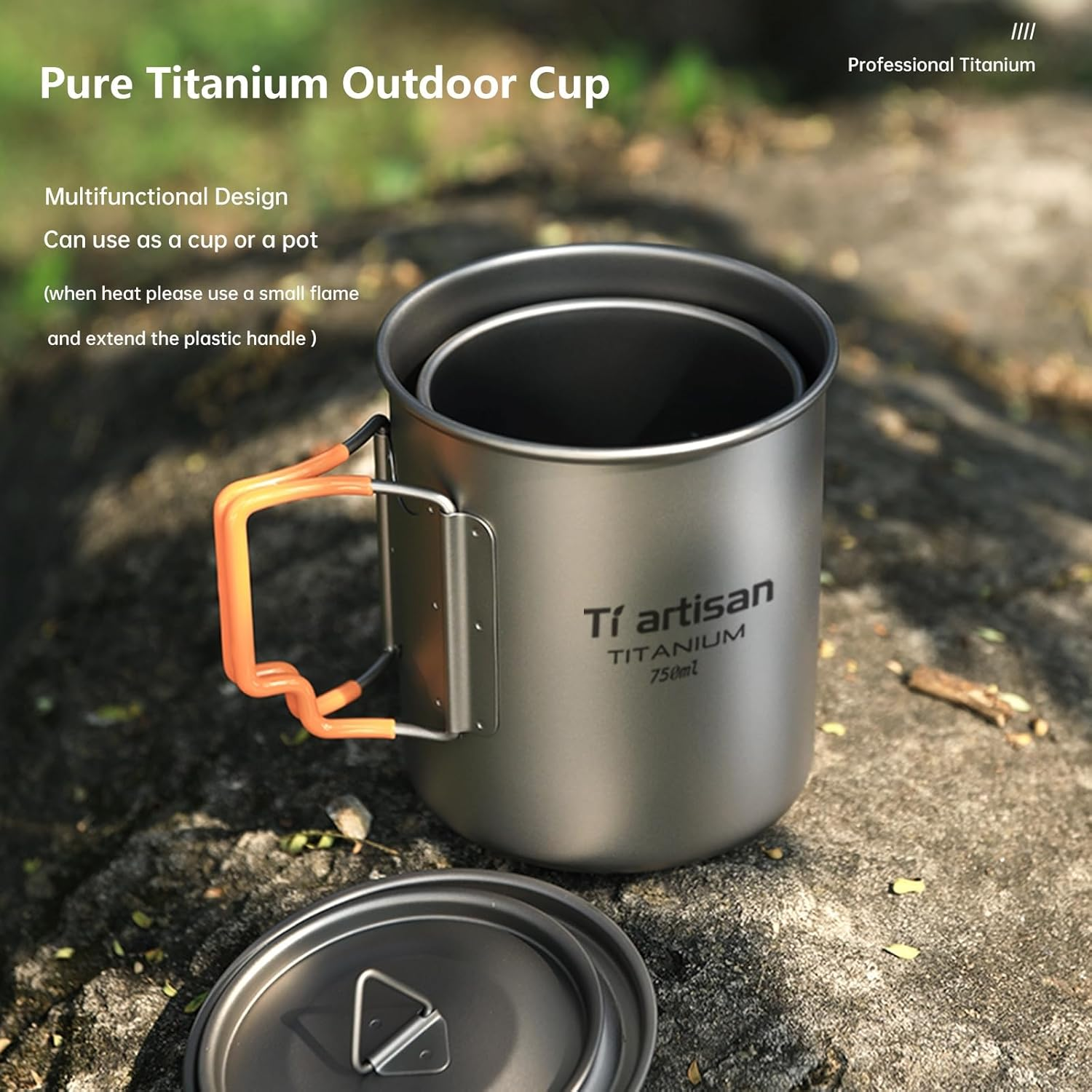 Ti Artisan Titanium Cup Camping Pot Portable Ultralight Coffee Mug 450ML/750ML Water with Foldable Handles and Lid for Outdoor Camping Hiking Backpacking (750ML) image number 6