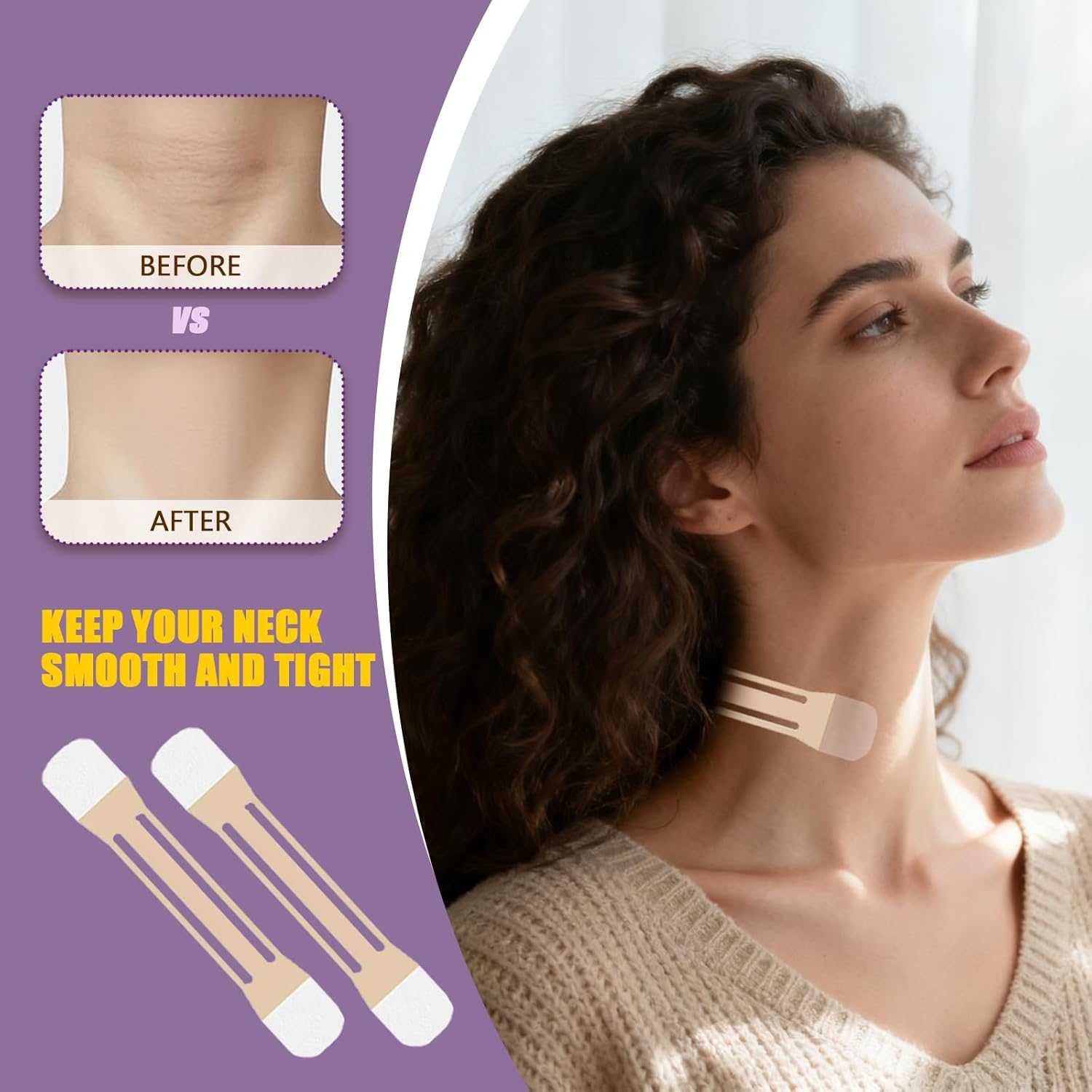 Hzqzaoan Face Lifting Tape - Invisible Neck Tape for Double Chin & Sagging Skin, Includes 4 Neck Bands & 20 Replacement Strips (High Elastic, Waterproof)