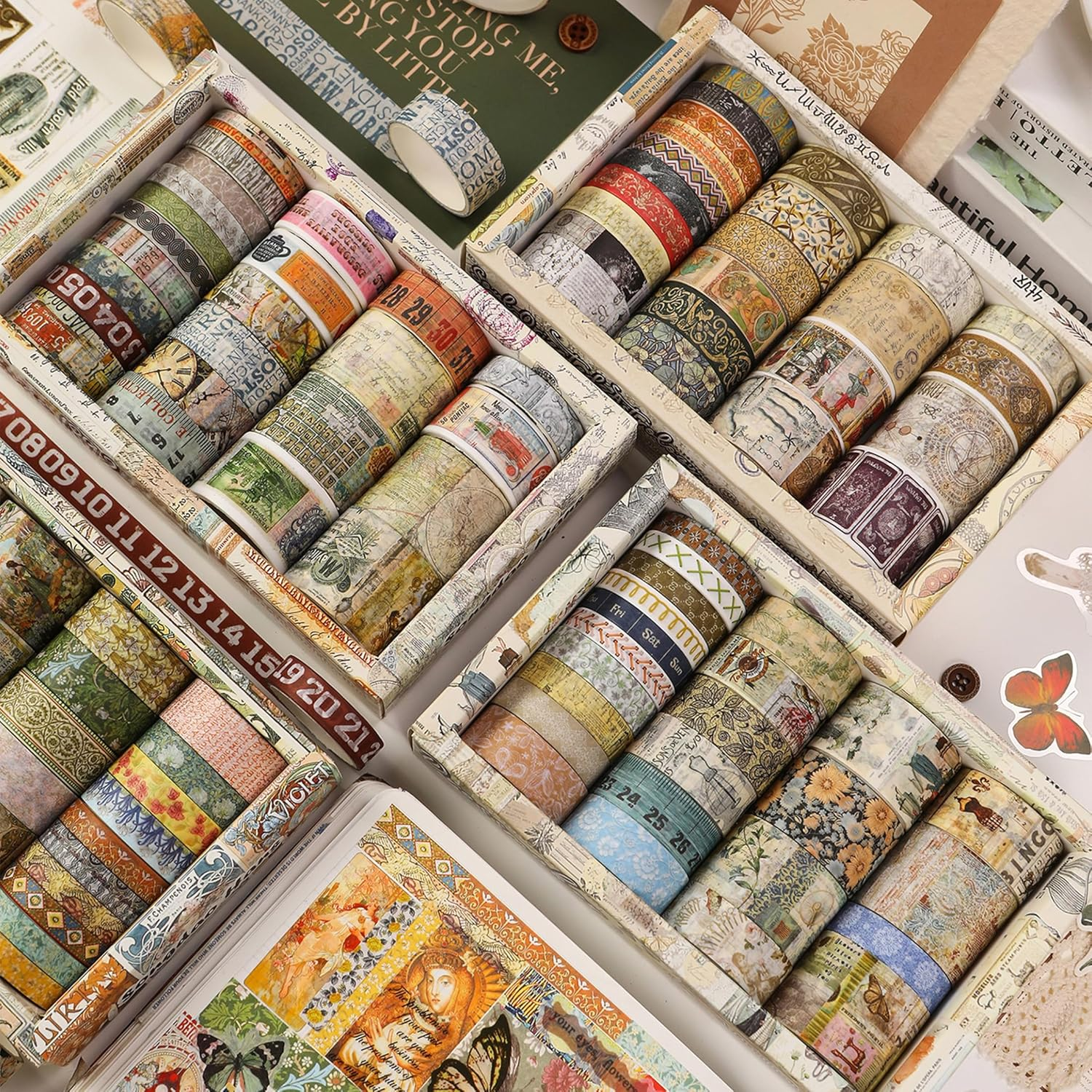 Vintage Washi Tape Set - 24 Rolls Arts Adhesive Tapes Assorted Retro Decorative Masking Tape Sets for Craft, Kids, Scrapbook, DIY, Gift Wrapping (1-Renaissance Dreams) - 10-Countryside Charm image number 2