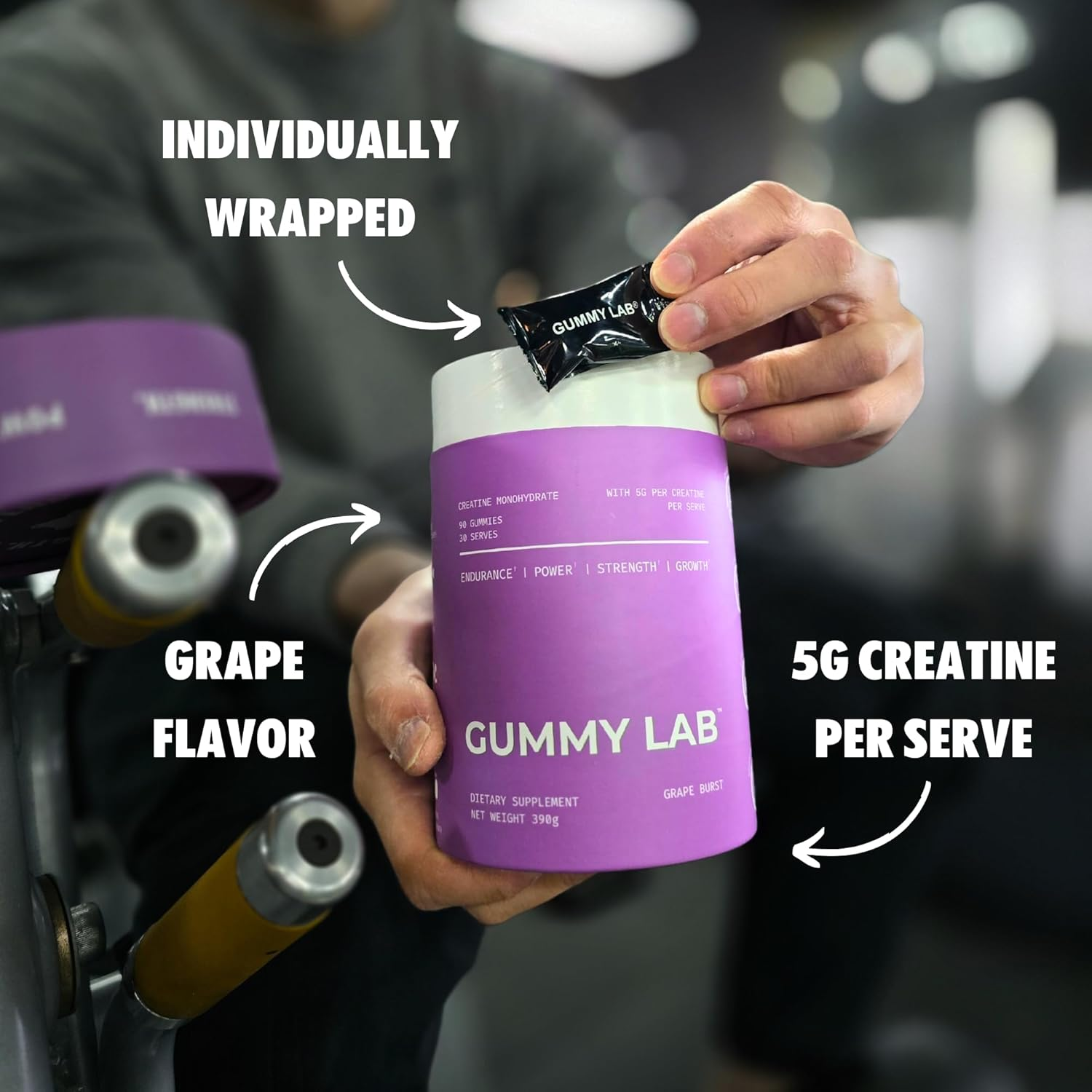 Creatine Monohydrate 5G Gummies Grape Flavour for Muscle Endurance, Growth and Power | Convenient Pre-Workout Supplement, 5000Mg per Serve, 90 Individually Wrapped Pieces, 30 Serves - the Gummy Lab image number 2