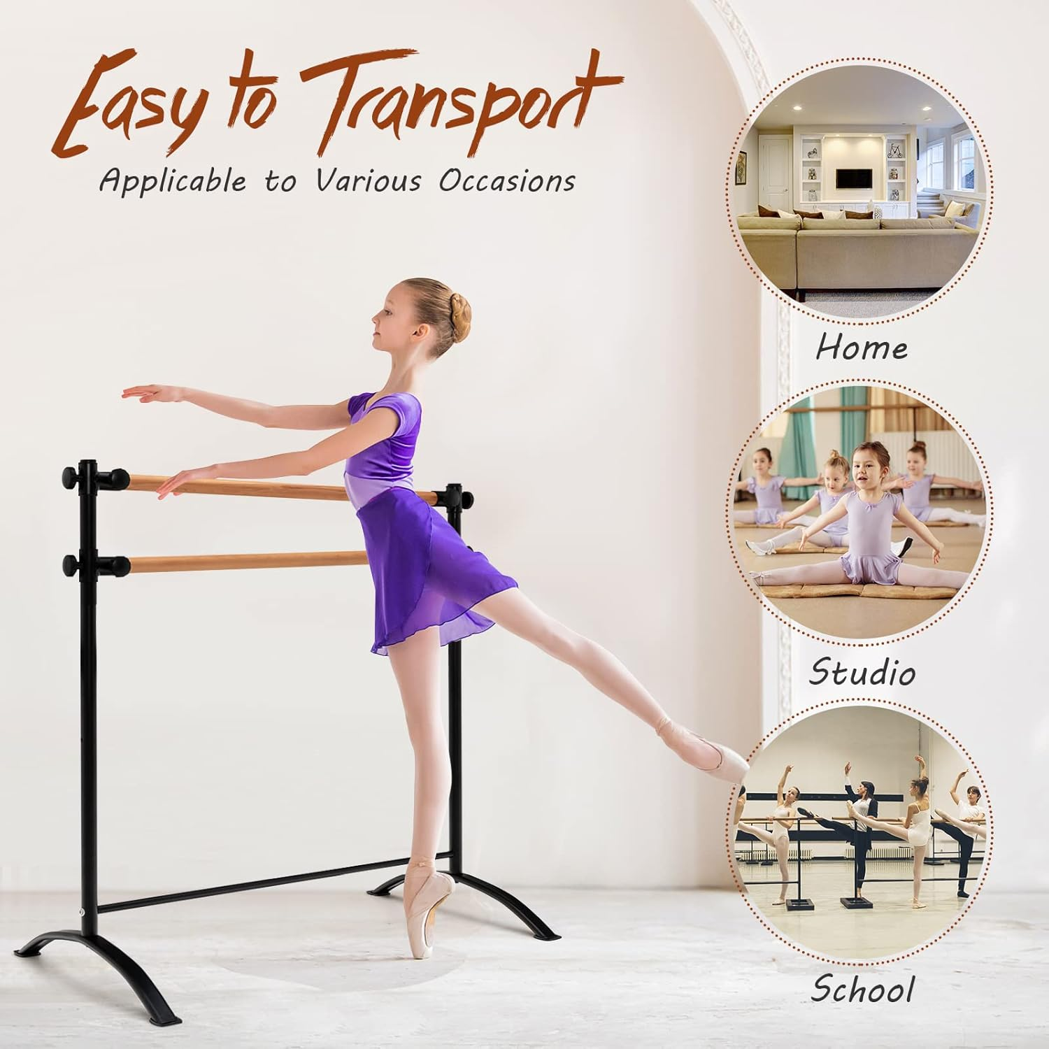 Costway 125 CM Portable Ballet Barre, Freestanding Dance Bar with 4-Position Adjustable Heights, Adjustable Freestanding Double Ballet Barre for Dancing & Stretching image number 3