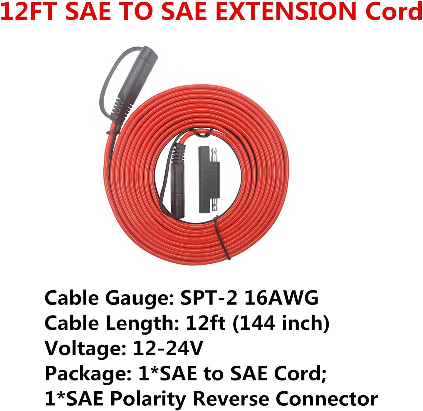 SAE Connector Extension Cable 12FT - 12V-24V Battery Charging Cord with Dust Cap 2 Pin Quick Connect Disconnect Plug DC Connection for Camp Trailer Solar Panels (12Ft) image number 2
