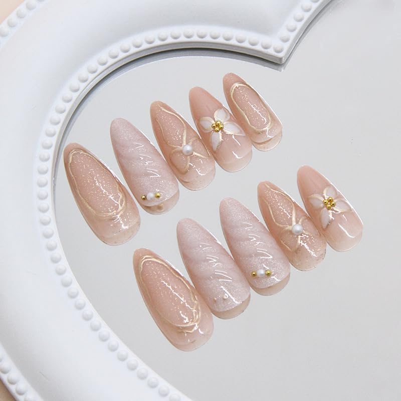 LYMCY Press on Nails, 3D Gilded Outline Flowers, Pearls, Bow, and Pearlescent Waves Fake Nails, Artificial Nails for Women and Girls -24 Pcs image number 6