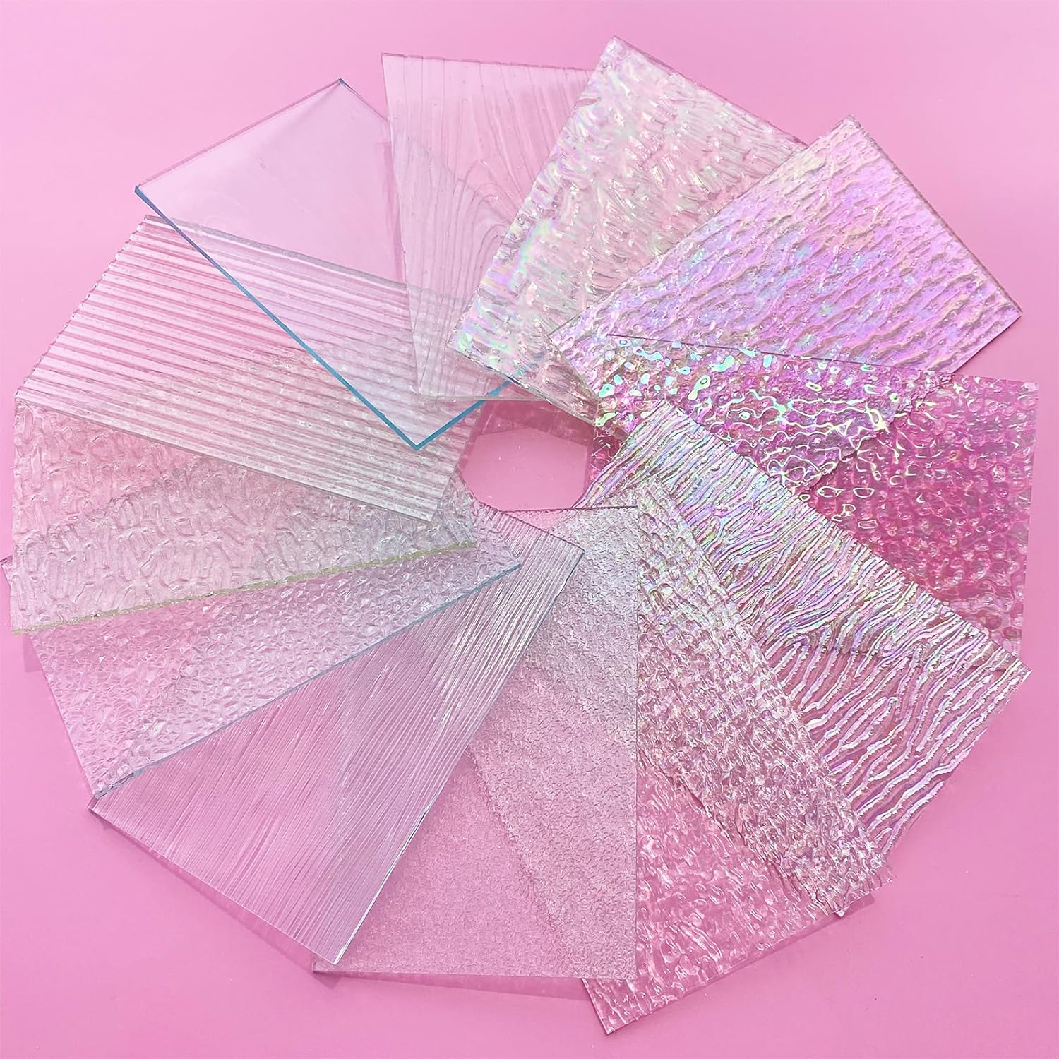 ILLUCKAI 12 Sheets Clear Textured Stained Glass Sheet, 4 X 6 Inch Rainbow Iridescent Cathedral Art Glass Variety Textures, Stained Glass Supplies for Stained Glass Projects and Mosaic Crafts image number 6