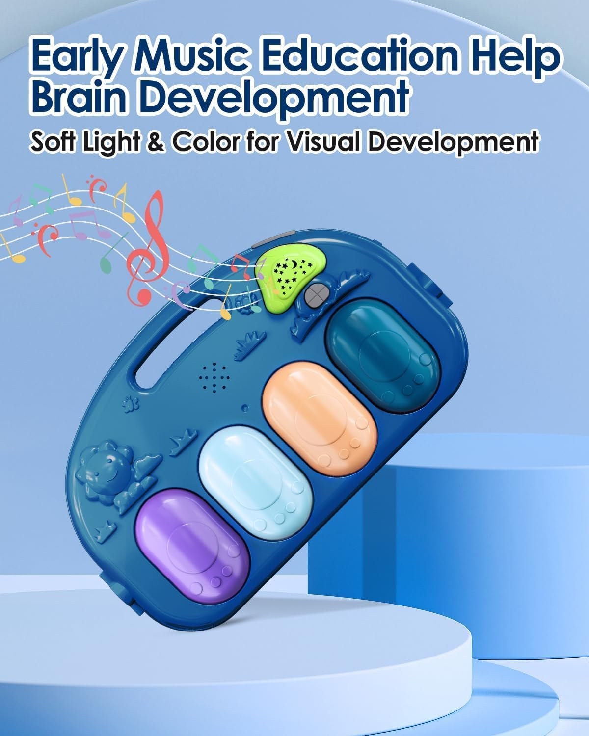 Veraste Baby Play Mat Baby Gym,Funny Play Piano Tummy Time Baby Activity Mat with 5 Infant Sensory Baby Toys, Music and Lights Boy & Girl Gifts for Newborn Baby 0 to 3 6 9 12 Months（New Blue） - New Blue image number 3