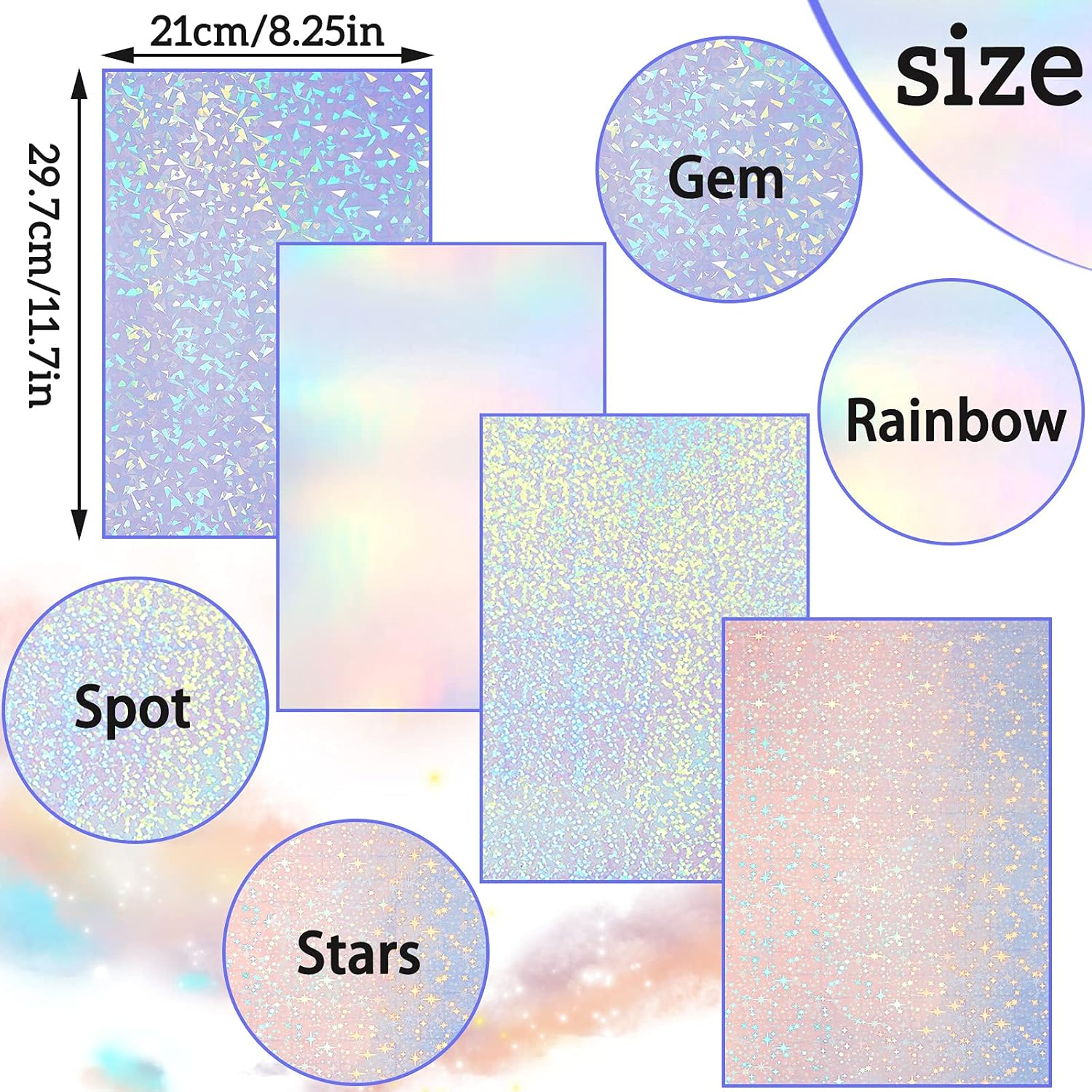 36 Sheets Self-Adhesive Paper Holographic Transparent Paper A4 Waterproof Self-Adhesive Transparent Film 11.7 X 8.3 Inches (Gem, Point, Colorful, Star) image number 2