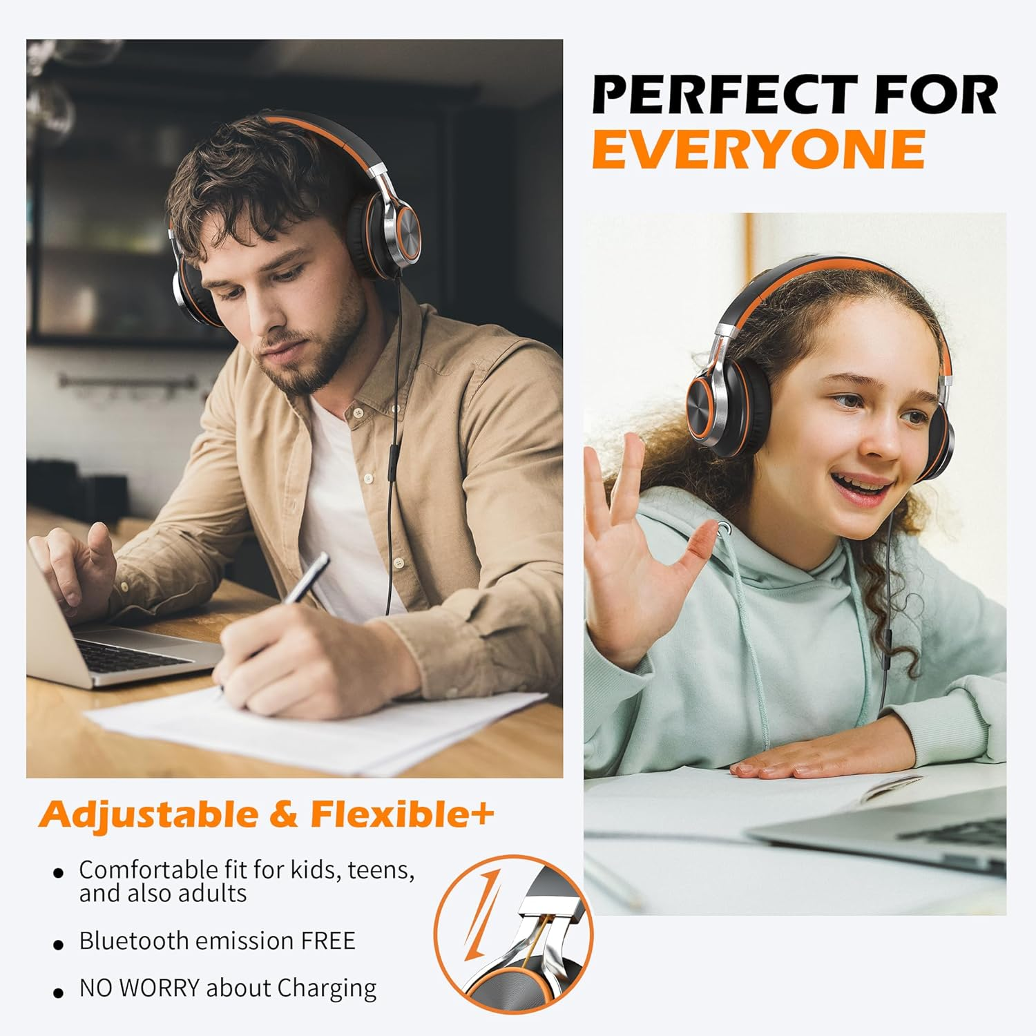 AILIHEN C8 Folding Headphones with Microphone and Volume Control for Cellphones Tablets Android Smartphones Laptop Computer Mp3/4 (Black/Orange) image number 3