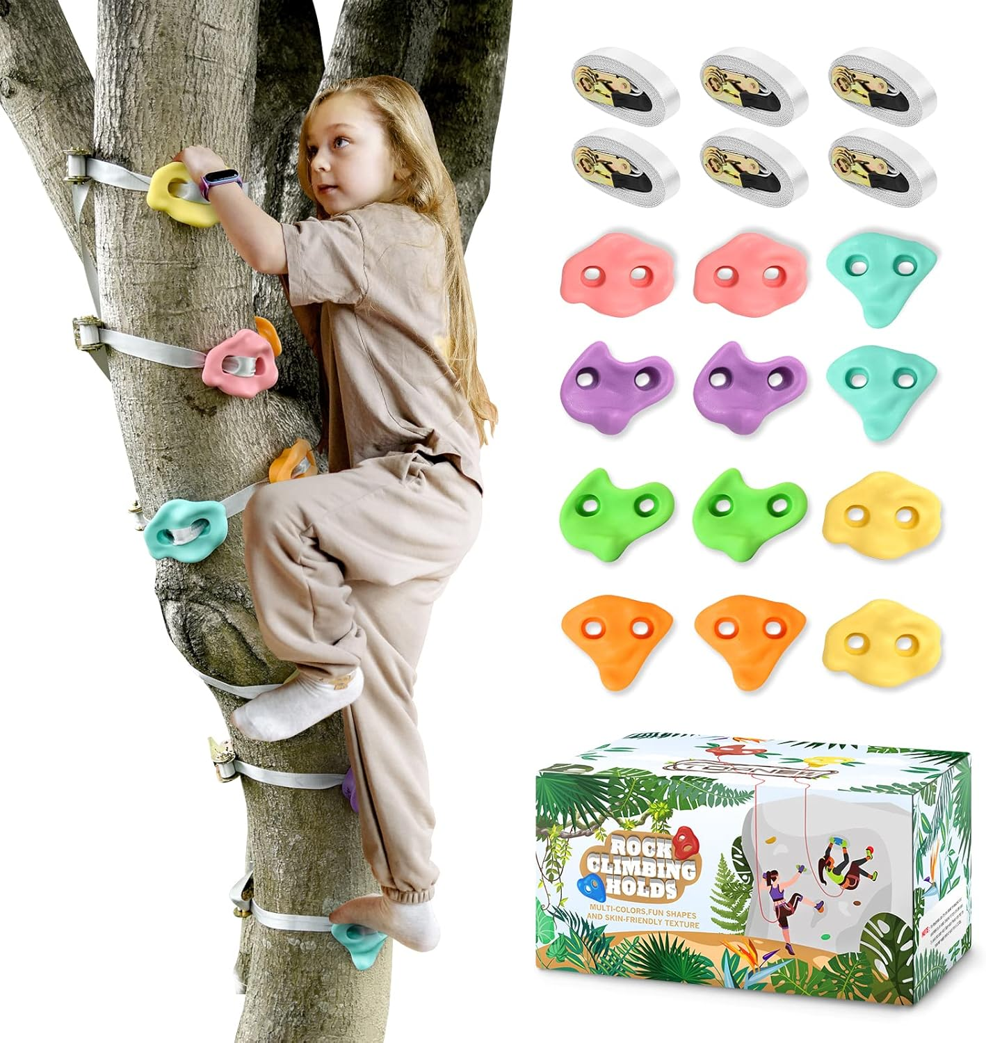 TOPNEW 12 Ninja Tree Climbing Holds for Kids Climber, Adult Climbing Rocks with 6 Ratchet Straps for Outdoor Ninja Warrior Obstacle Course Training