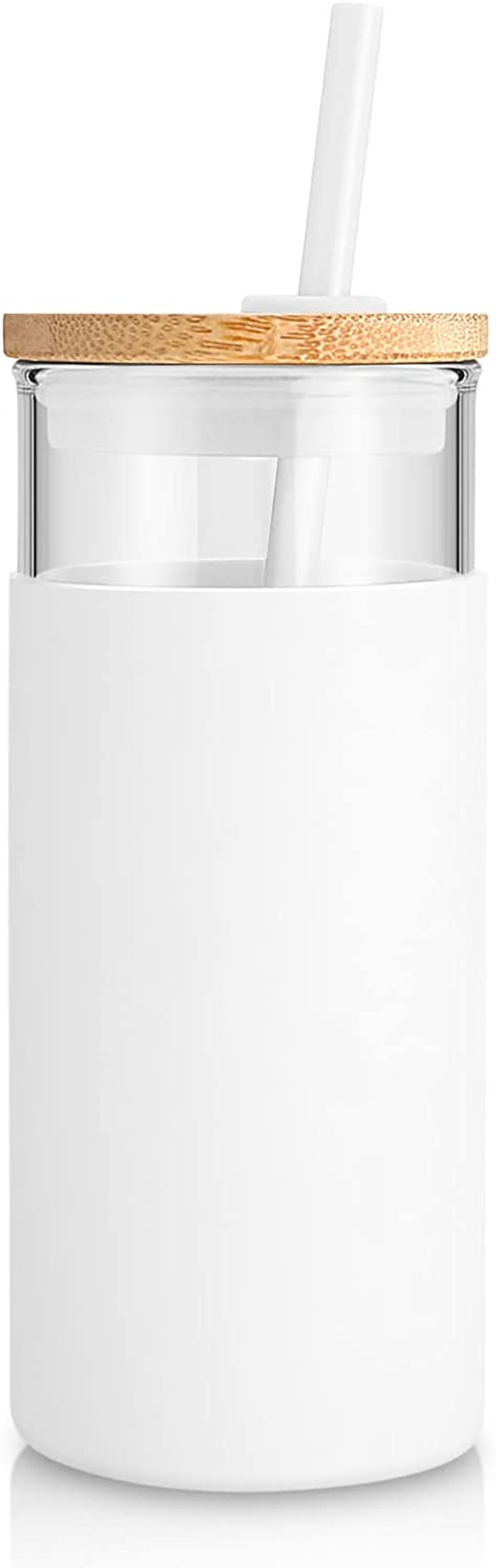 Tronco 20Oz Glass Tumbler Glass Water Bottle Straw Silicone Protective Sleeve Bamboo Lid - BPA Free, White image number 5