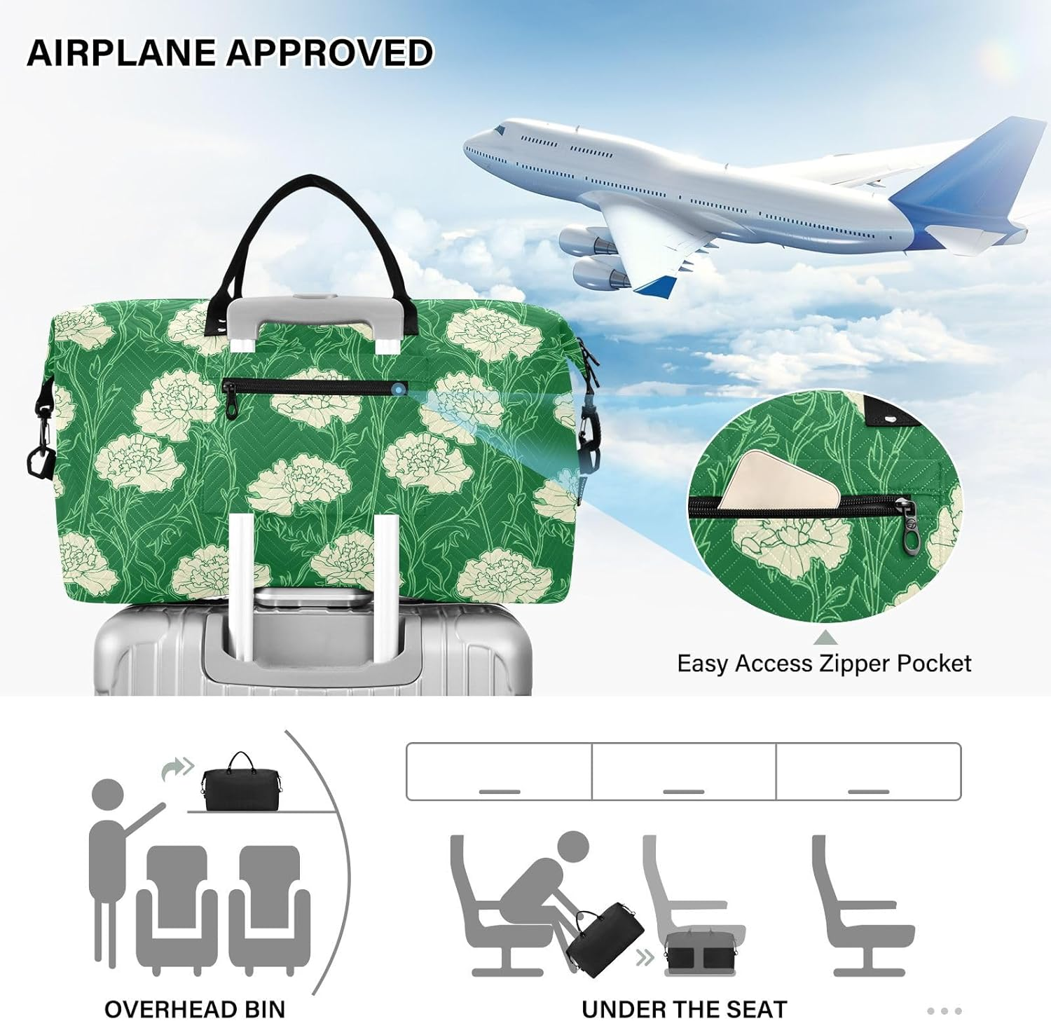 Overnight Travel Duffel Bag Travel Weekender Gear Bag Gym Carry on Duffel Bags with Adjustable Strap for Business Trips Waterproof, Carnation Lace Grass Green image number 6