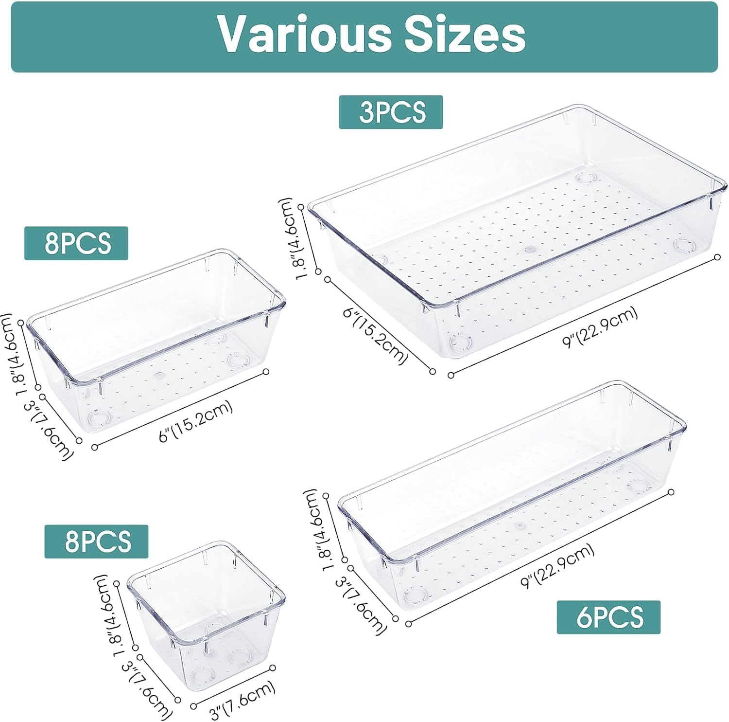 25 PCS Clear Plastic Drawer Organizers Set, 4 Sizes Clear Drawer Organizers & Storage Bins for Makeup/Jewelry Vanity, Kitchen Gadgets or Office Desk. Bathroom Drawer Organizer Trays image number 2