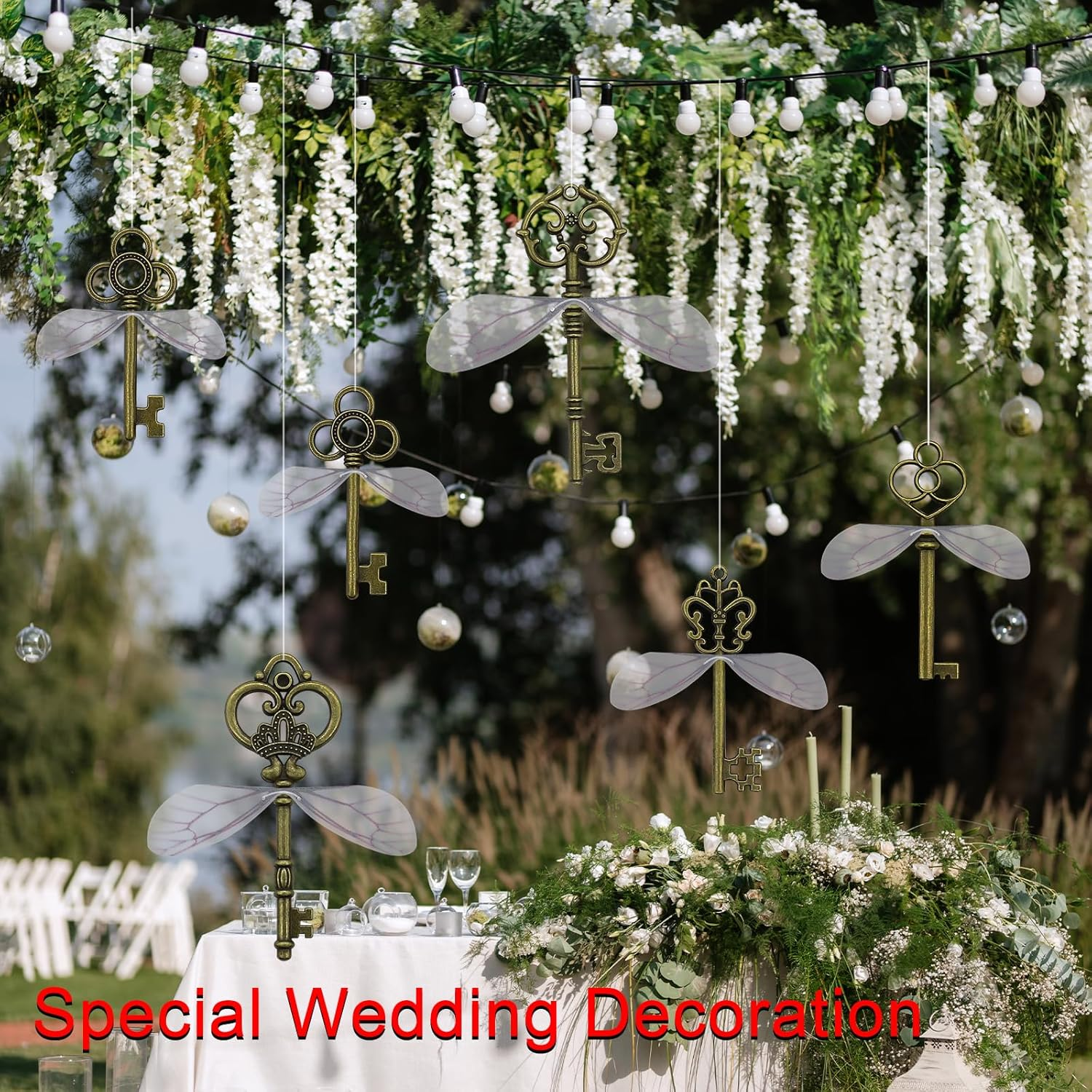 Aokbean 50 PCS Vintage Skeleton Keys Flying Keys with Dragonfly Wings and Clear Fishing Line for DIY Craft Jewelry Making Necklace Bracelet Charms Crafts Party Favor Home Decoration image number 5