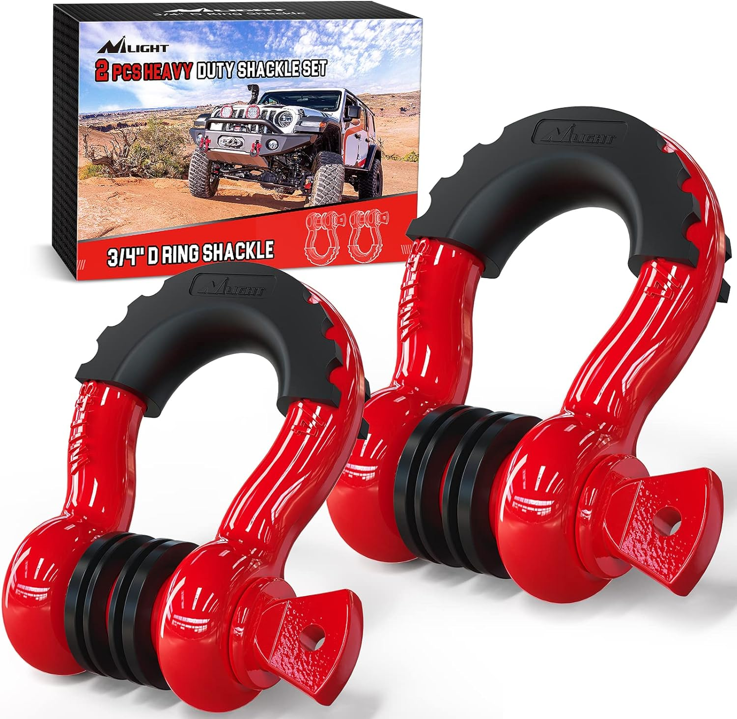 Nilight 2 Pack 3/4" D-Ring Shackle 4.75 Ton (9500 Lbs) Capacity with 7/8" Pin Heavy Duty off Road Recovery Shackle with Isolators & Washer Kit for Jeep Truck Vehicle, Red (90053B) - 1/2" Shackles 2Pcs image number 5
